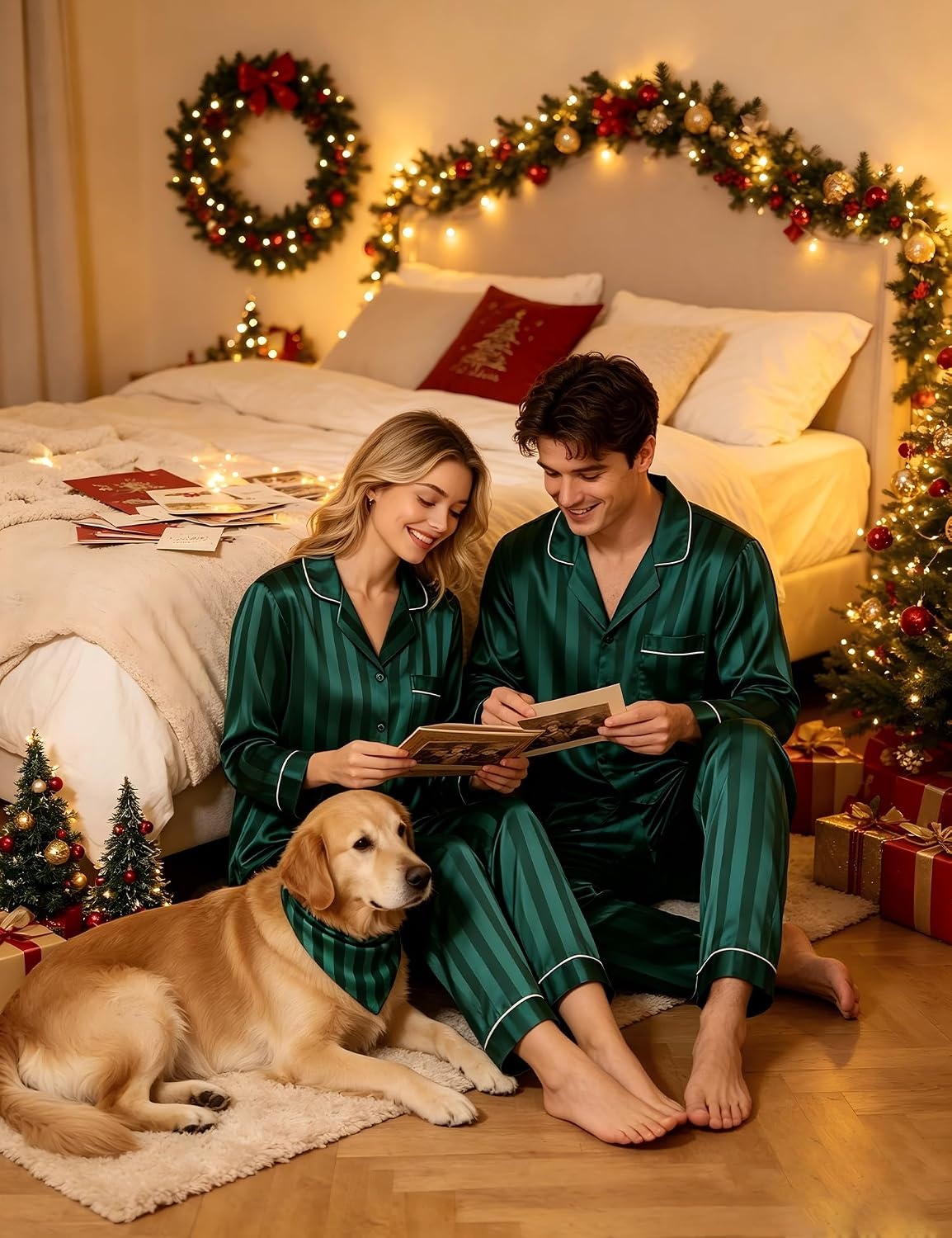 image:imageSWOMOG Family Matching Button Down Pajamas Pjs Silk Satin Long Sleeve Shirt Long Pants Set Sleepwear 2 Pcs Outfits LoungewearGreen Stripes