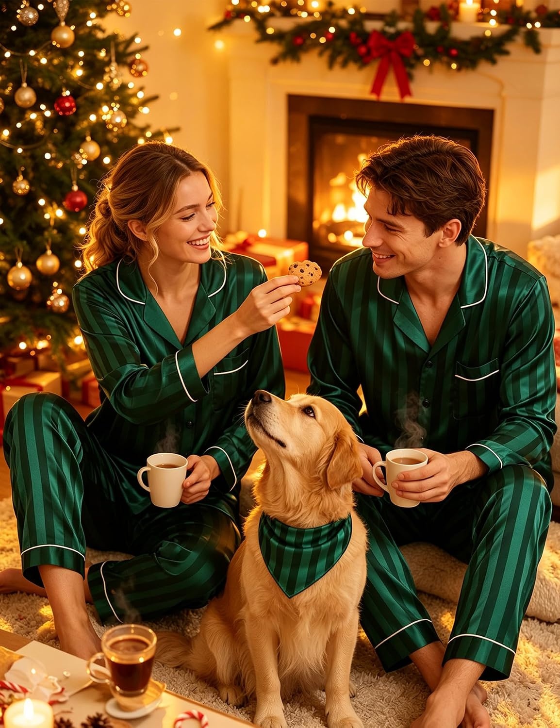 image:imageSWOMOG Family Matching Button Down Pajamas Pjs Silk Satin Long Sleeve Shirt Long Pants Set Sleepwear 2 Pcs Outfits LoungewearGreen Stripes