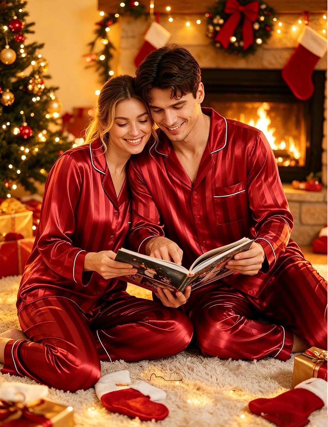 image:imageSWOMOG Family Matching Button Down Pajamas Pjs Silk Satin Long Sleeve Shirt Long Pants Set Sleepwear 2 Pcs Outfits LoungewearRed Stripes