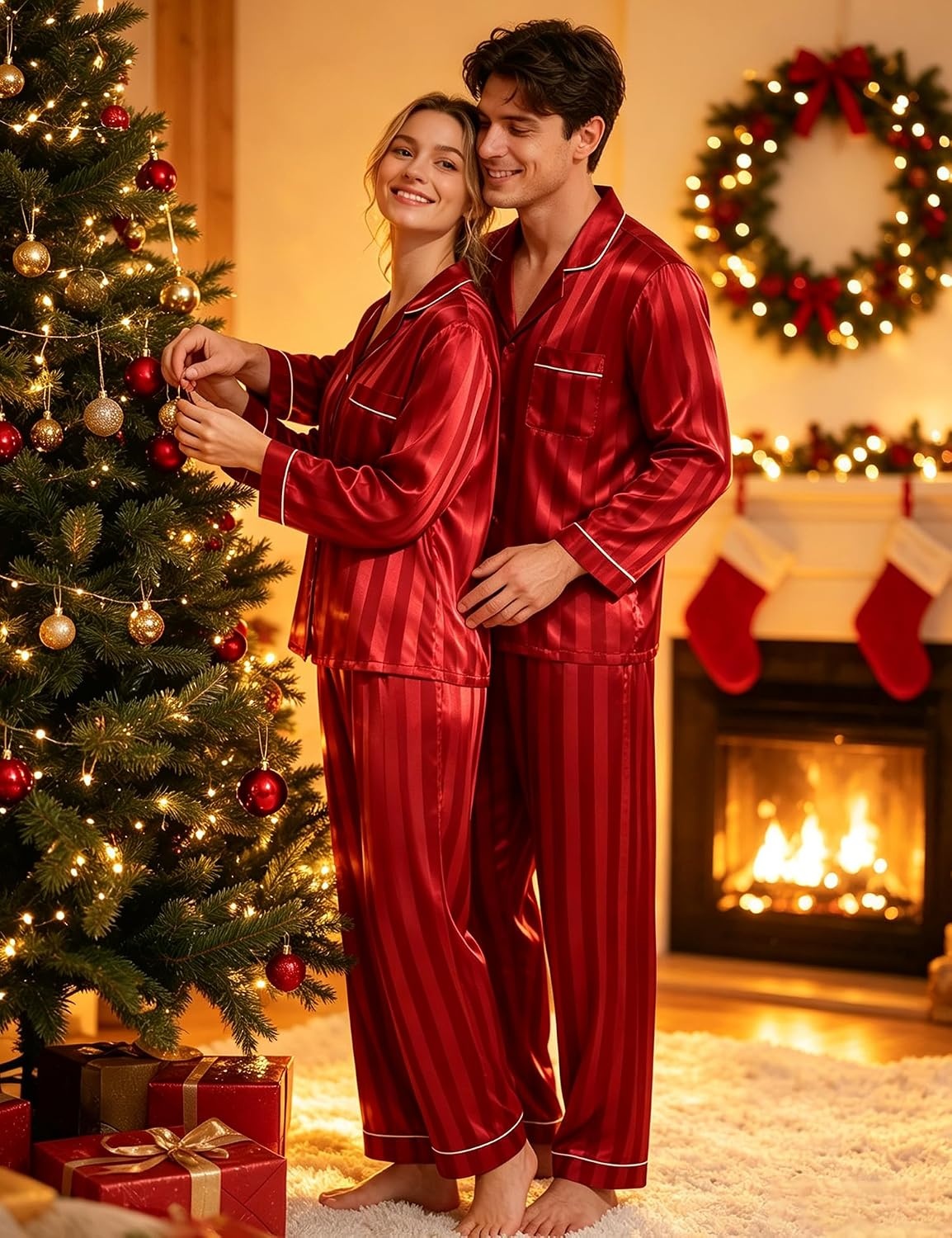 image:imageSWOMOG Family Matching Button Down Pajamas Pjs Silk Satin Long Sleeve Shirt Long Pants Set Sleepwear 2 Pcs Outfits LoungewearRed Stripes