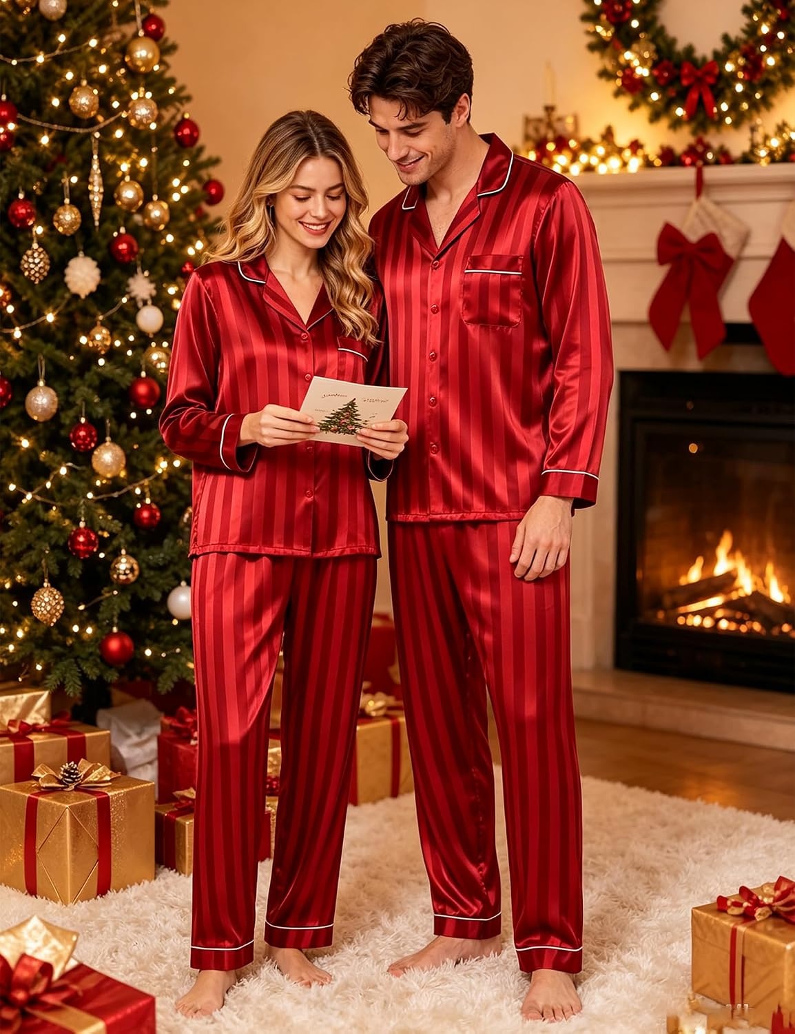 image:imageSWOMOG Family Matching Button Down Pajamas Pjs Silk Satin Long Sleeve Shirt Long Pants Set Sleepwear 2 Pcs Outfits LoungewearRed Stripes