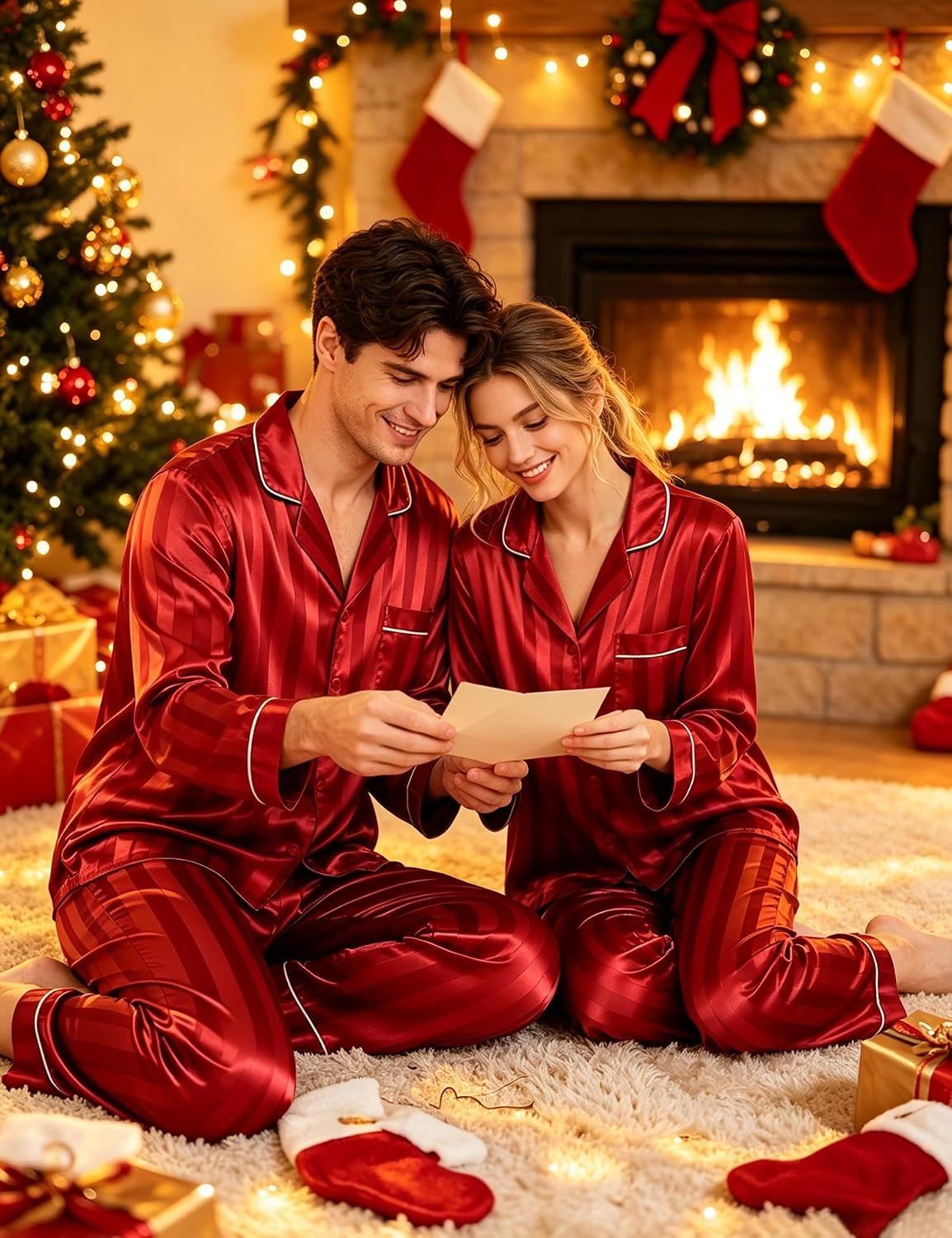 image:imageSWOMOG Family Matching Button Down Pajamas Pjs Silk Satin Long Sleeve Shirt Long Pants Set Sleepwear 2 Pcs Outfits LoungewearRed Stripes