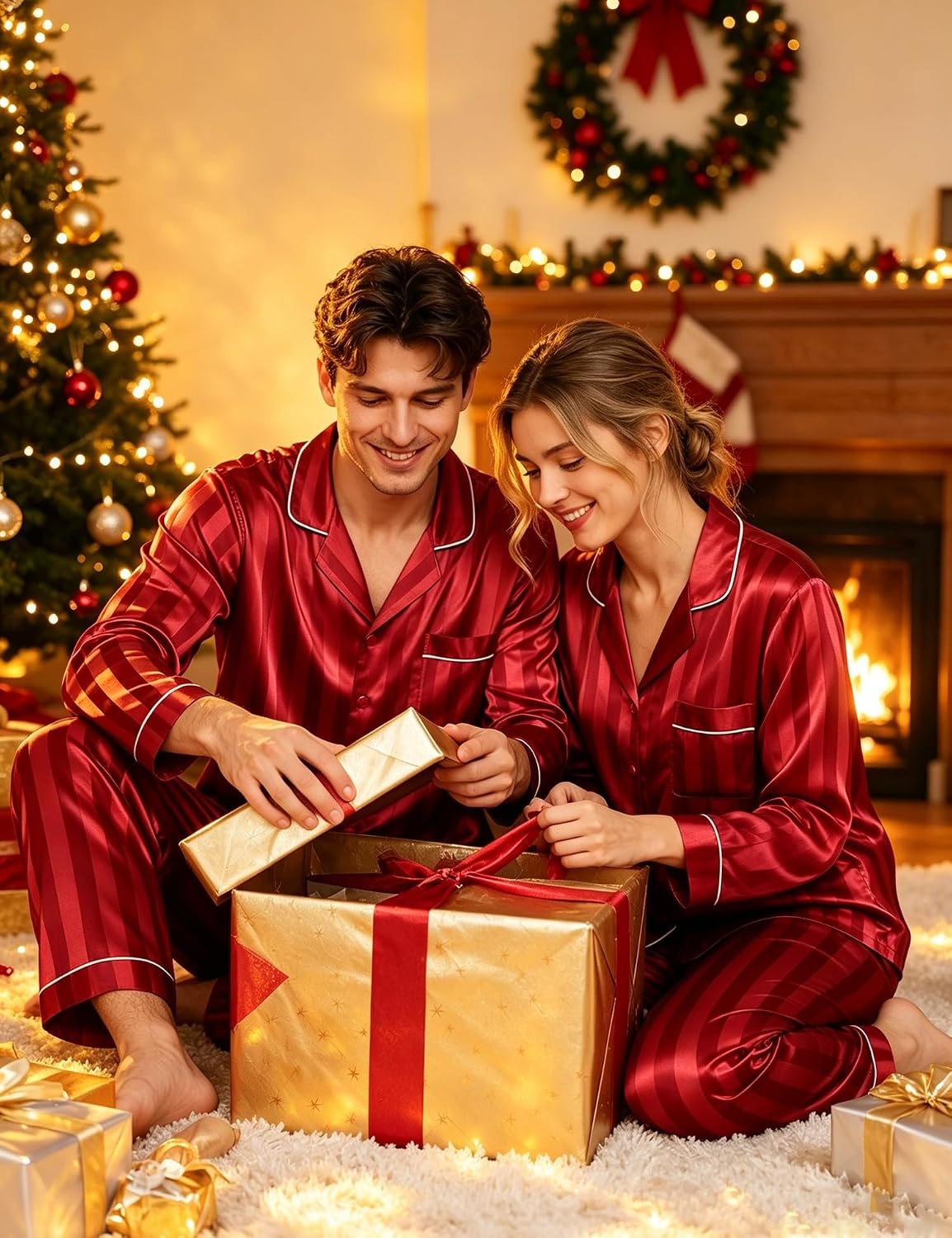 image:imageSWOMOG Family Matching Button Down Pajamas Pjs Silk Satin Long Sleeve Shirt Long Pants Set Sleepwear 2 Pcs Outfits LoungewearRed Stripes