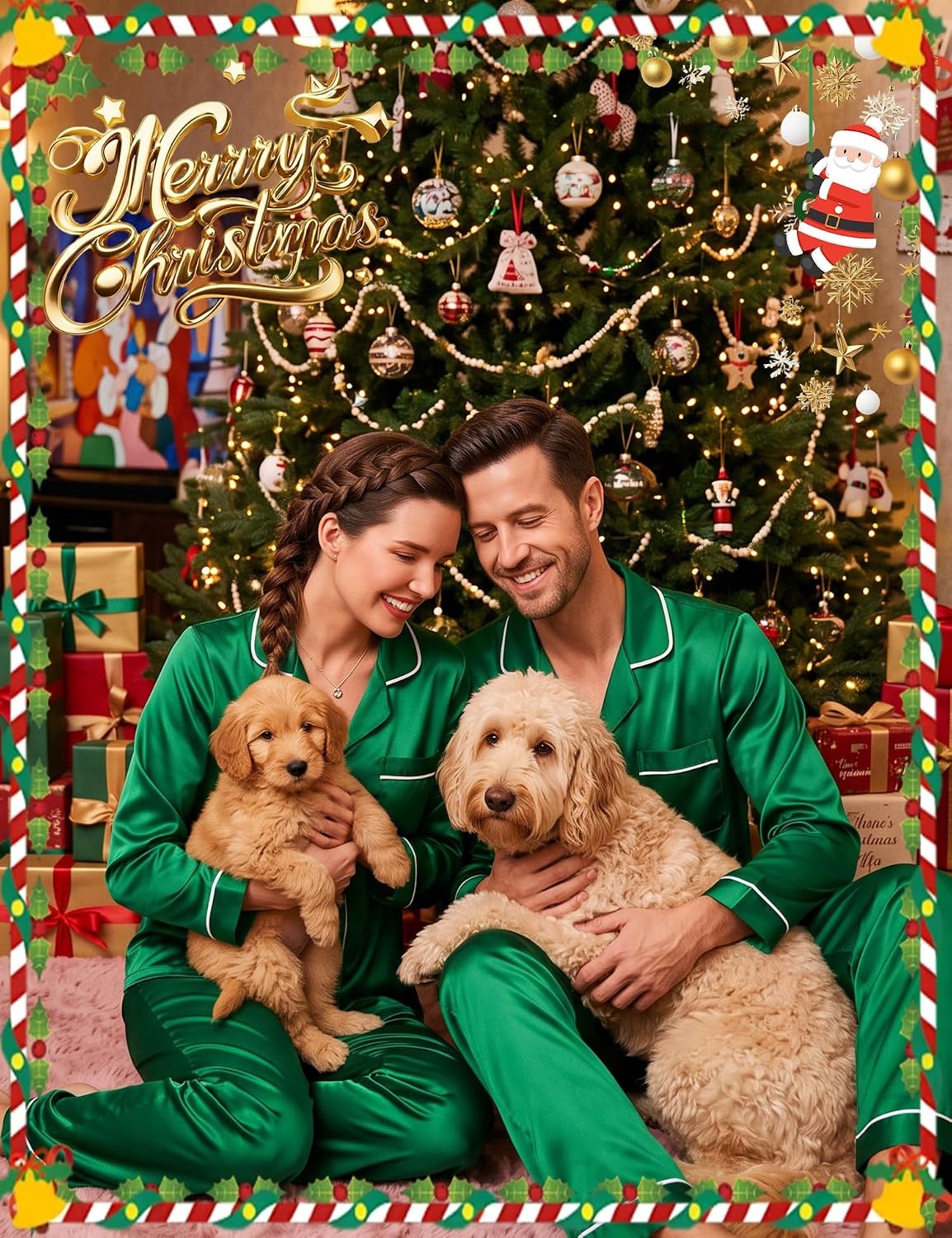 image:imageSWOMOG Family Matching Christmas Pajamas Set Silk Satin Long Sleeve Sleepwear WomenMenKids Button Down Loungewear Pj SetEmerald Green