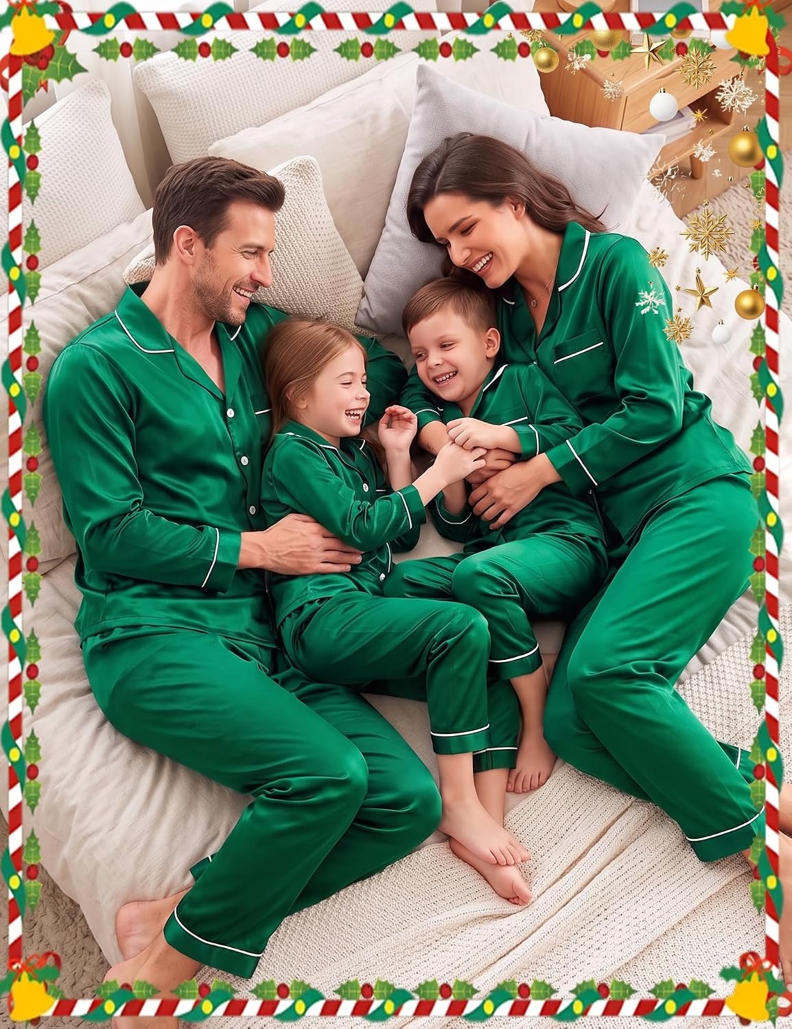 image:imageSWOMOG Family Matching Christmas Pajamas Set Silk Satin Long Sleeve Sleepwear WomenMenKids Button Down Loungewear Pj SetEmerald Green
