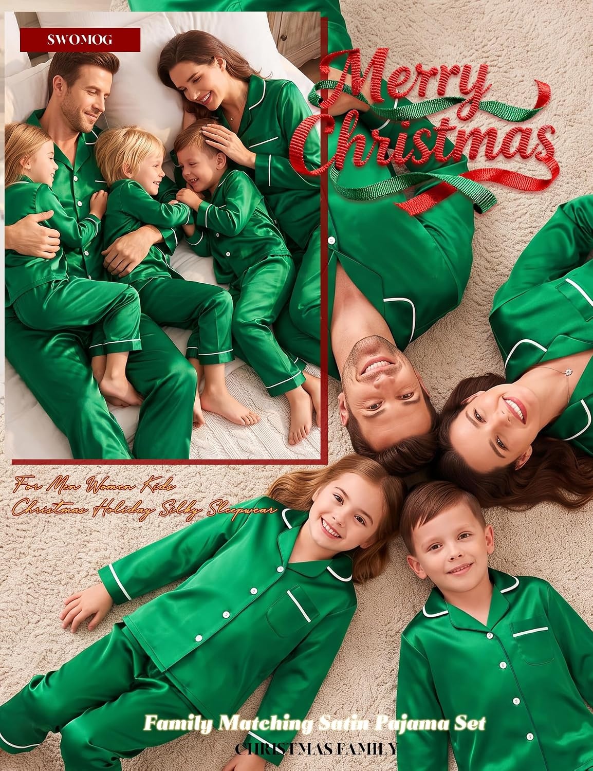 image:imageSWOMOG Family Matching Christmas Pajamas Set Silk Satin Long Sleeve Sleepwear WomenMenKids Button Down Loungewear Pj SetEmerald Green