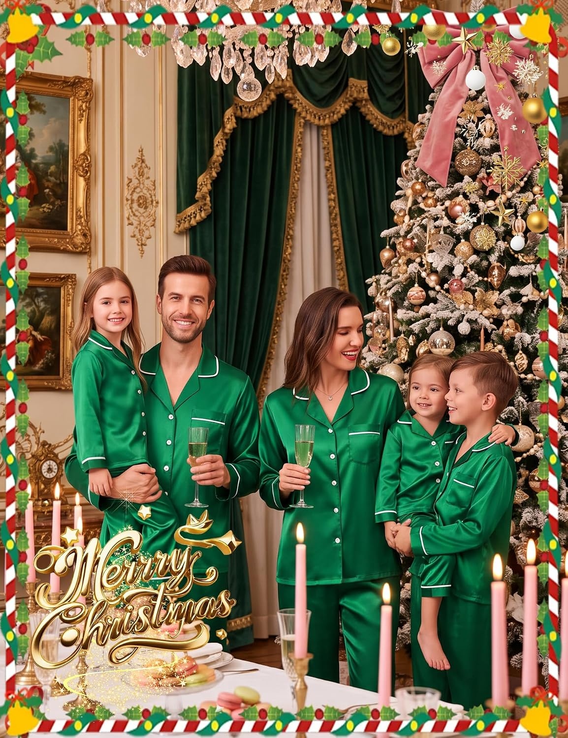image:imageSWOMOG Family Matching Christmas Pajamas Set Silk Satin Long Sleeve Sleepwear WomenMenKids Button Down Loungewear Pj SetEmerald Green