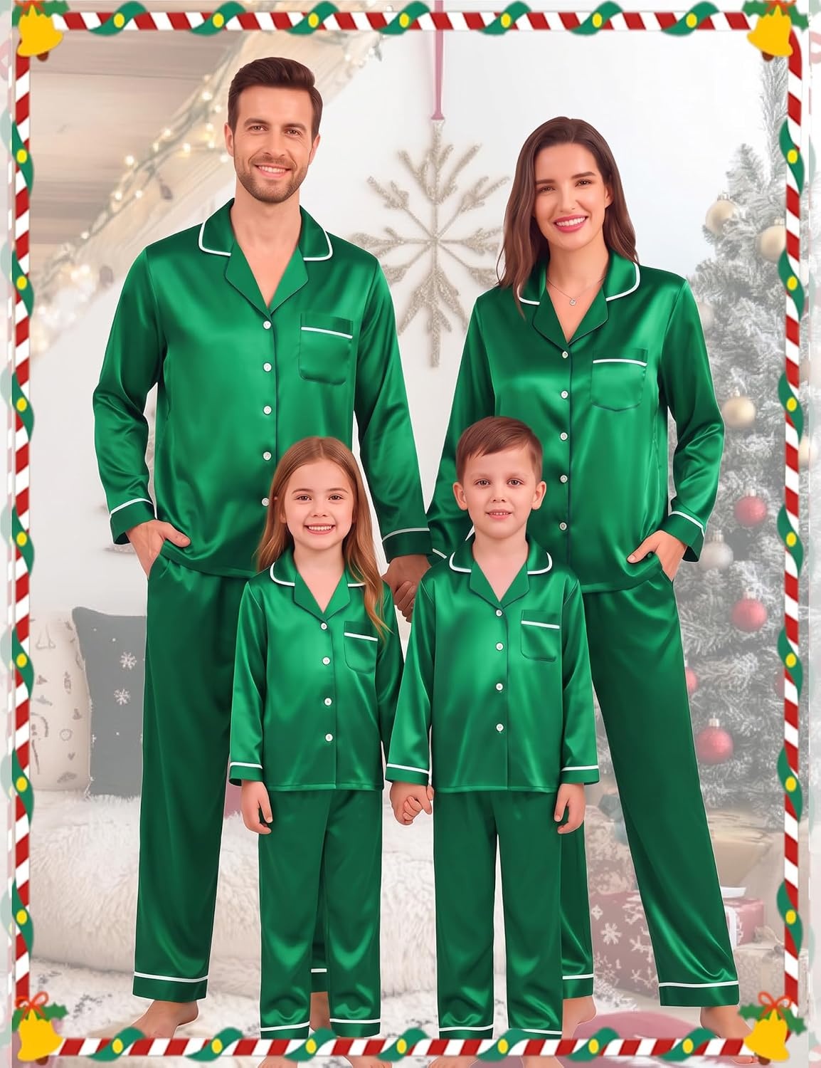 image:imageSWOMOG Family Matching Christmas Pajamas Set Silk Satin Long Sleeve Sleepwear WomenMenKids Button Down Loungewear Pj SetEmerald Green