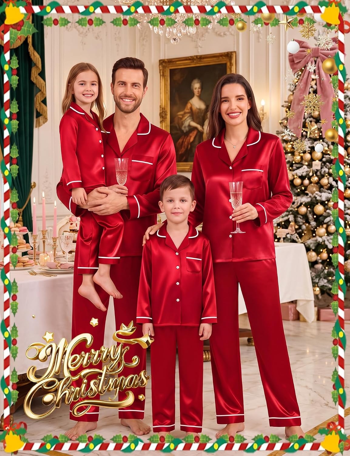 image:imageSWOMOG Family Matching Christmas Pajamas Set Silk Satin Long Sleeve Sleepwear WomenMenKids Button Down Loungewear Pj SetRed