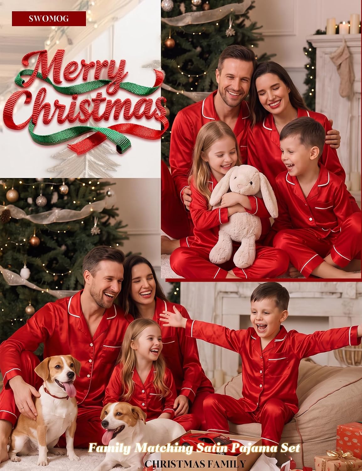 image:imageSWOMOG Family Matching Christmas Pajamas Set Silk Satin Long Sleeve Sleepwear WomenMenKids Button Down Loungewear Pj SetRed