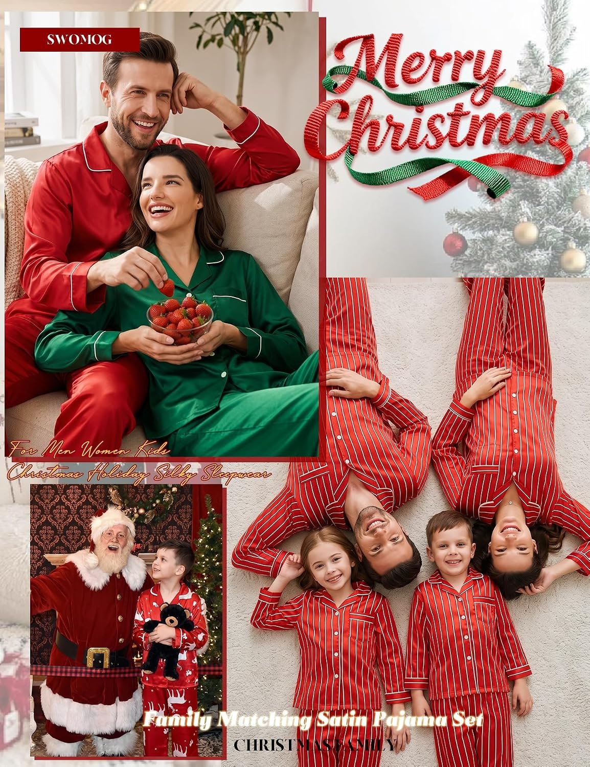 image:imageSWOMOG Family Matching Christmas Pajamas Set Silk Satin Long Sleeve Sleepwear WomenMenKids Button Down Loungewear Pj SetRed