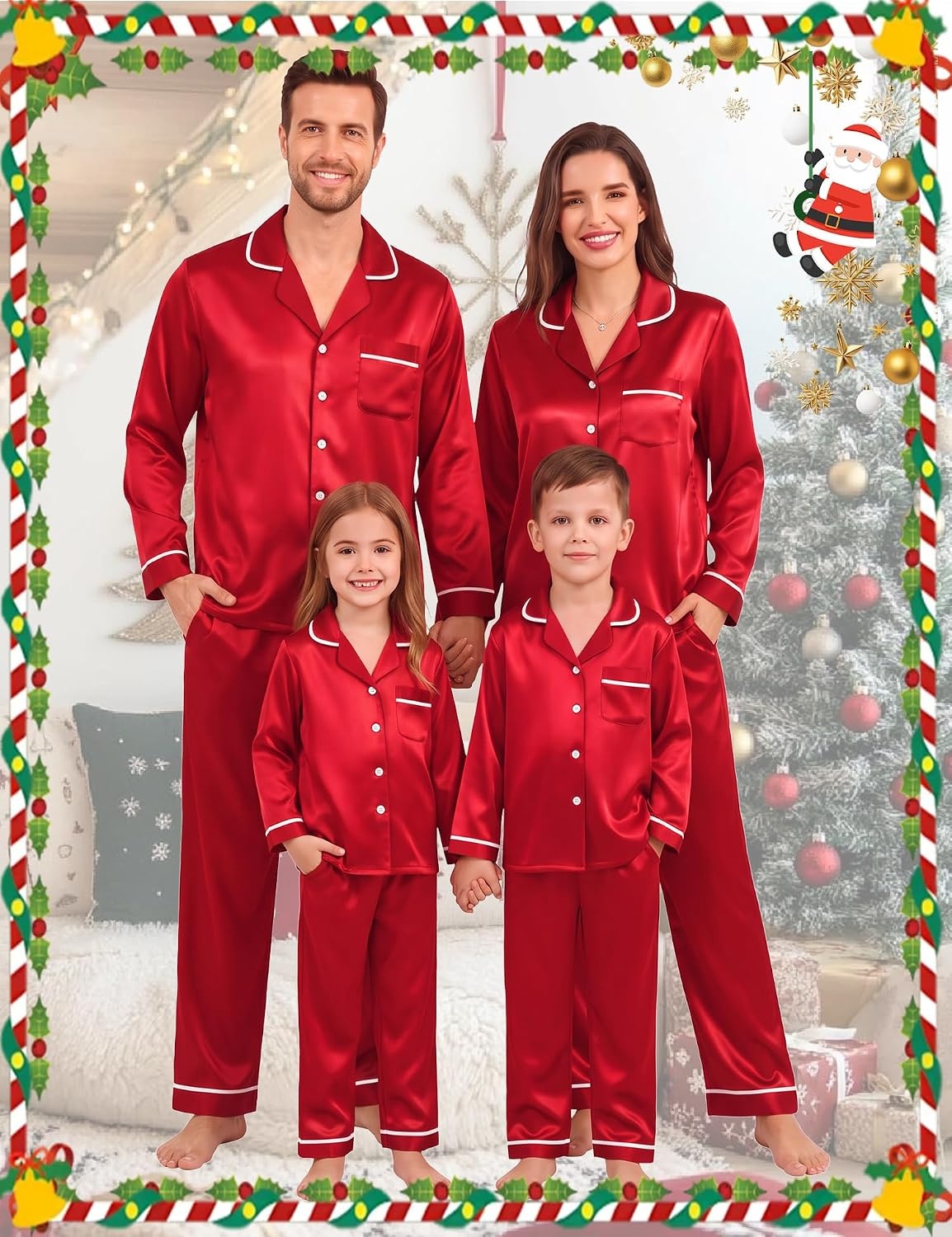 image:imageSWOMOG Family Matching Christmas Pajamas Set Silk Satin Long Sleeve Sleepwear WomenMenKids Button Down Loungewear Pj SetRed