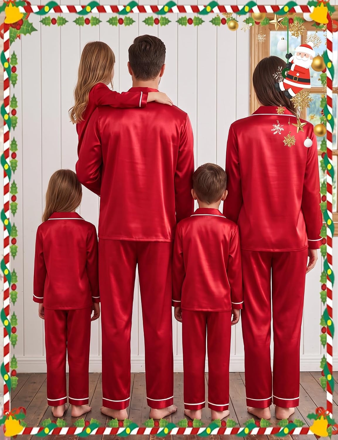 image:imageSWOMOG Family Matching Christmas Pajamas Set Silk Satin Long Sleeve Sleepwear WomenMenKids Button Down Loungewear Pj SetRed