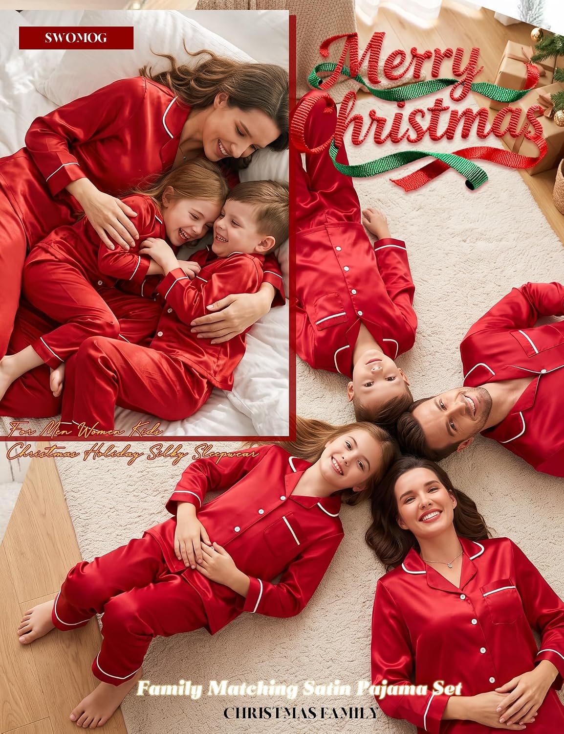 image:imageSWOMOG Family Matching Christmas Pajamas Set Silk Satin Long Sleeve Sleepwear WomenMenKids Button Down Loungewear Pj SetRed