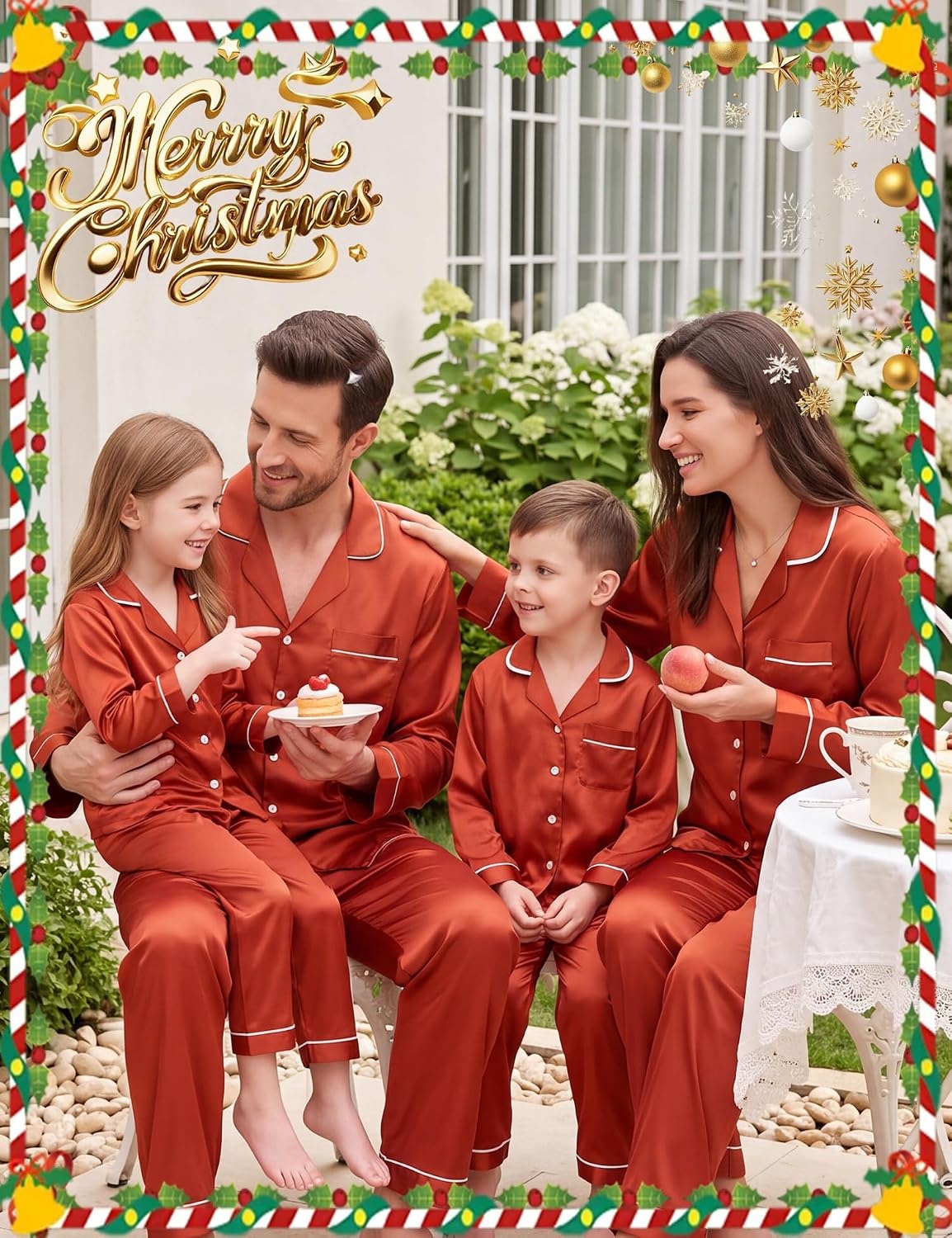 image:imageSWOMOG Family Matching Christmas Pajamas Set Silk Satin Long Sleeve Sleepwear WomenMenKids Button Down Loungewear Pj SetRust Brown