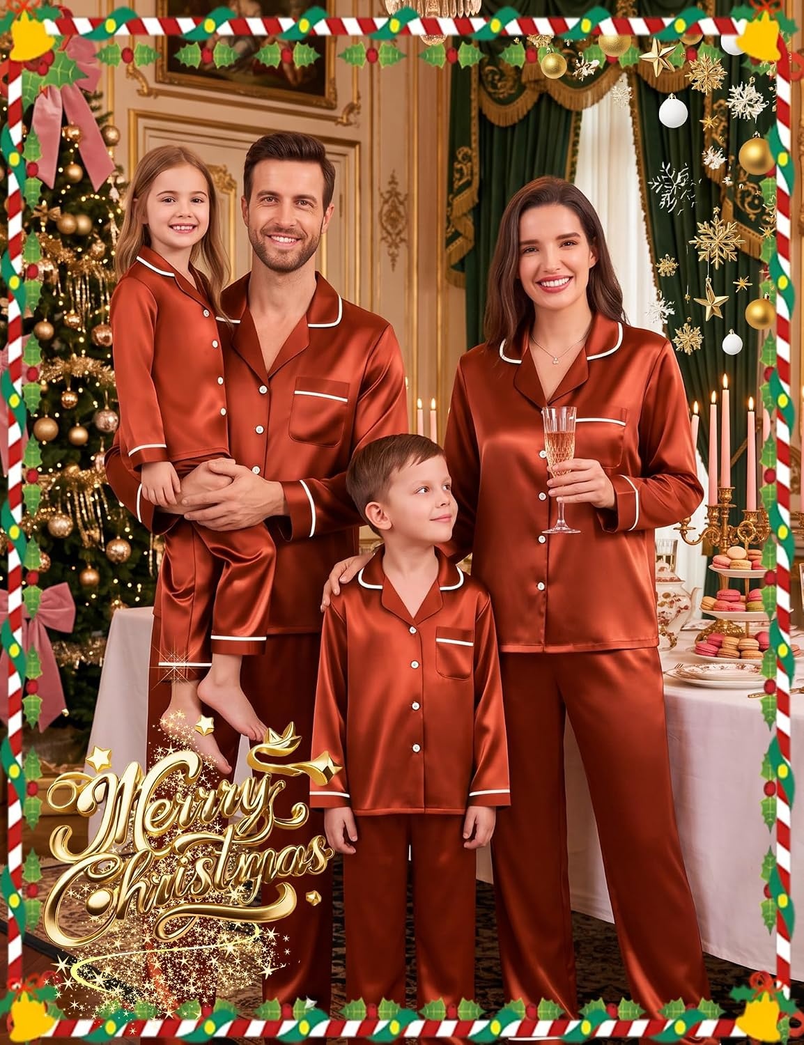 image:imageSWOMOG Family Matching Christmas Pajamas Set Silk Satin Long Sleeve Sleepwear WomenMenKids Button Down Loungewear Pj SetRust Brown