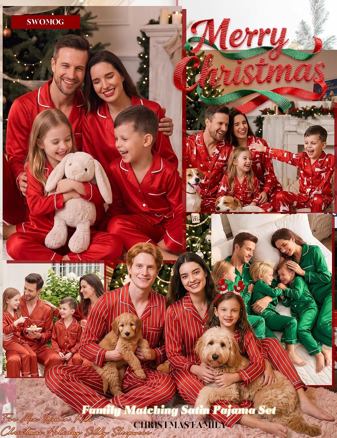 image:imageSWOMOG Family Matching Christmas Pajamas Set Silk Satin Long Sleeve Sleepwear WomenMenKids Button Down Loungewear Pj SetRust Brown