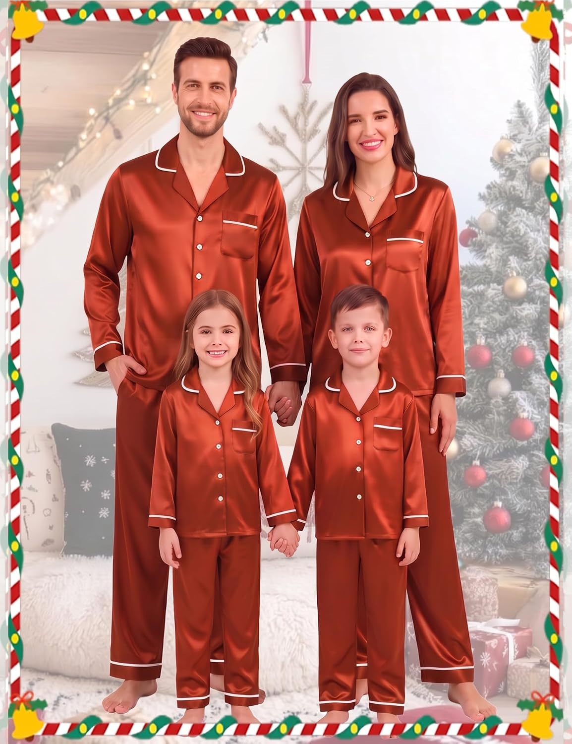 image:imageSWOMOG Family Matching Christmas Pajamas Set Silk Satin Long Sleeve Sleepwear WomenMenKids Button Down Loungewear Pj SetRust Brown