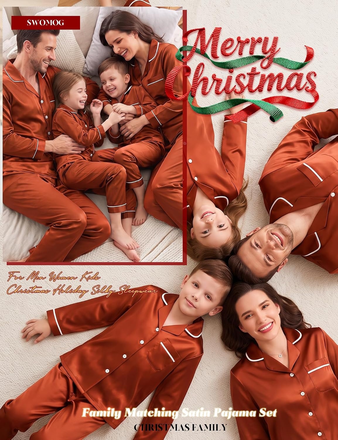 image:imageSWOMOG Family Matching Christmas Pajamas Set Silk Satin Long Sleeve Sleepwear WomenMenKids Button Down Loungewear Pj SetRust Brown