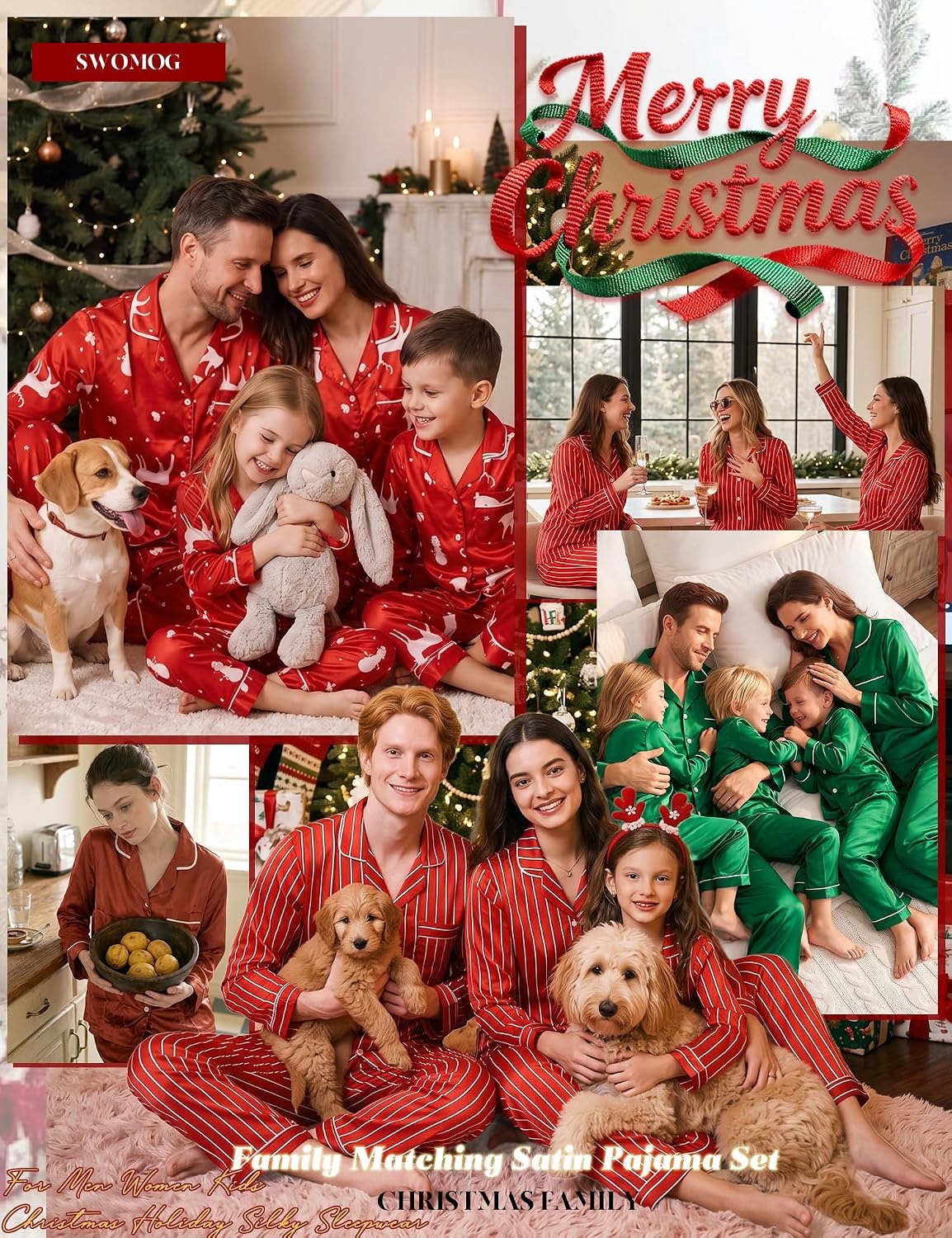 image:imageSWOMOG Family Matching Christmas Pajamas Set Silk Satin Long Sleeve Sleepwear WomenMenKids Button Down Loungewear Pj SetRust Brown
