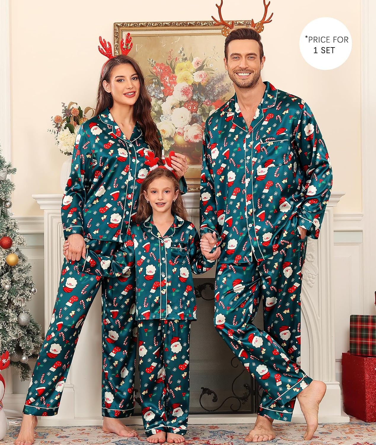 image:imageSWOMOG Family Matching Pajama Set Silky Satin Pajamas Long Sleeve Sleepwear Button Down Loungewear 2 Pcs Pj SetChristmas Cute Print 120Age for 67Y