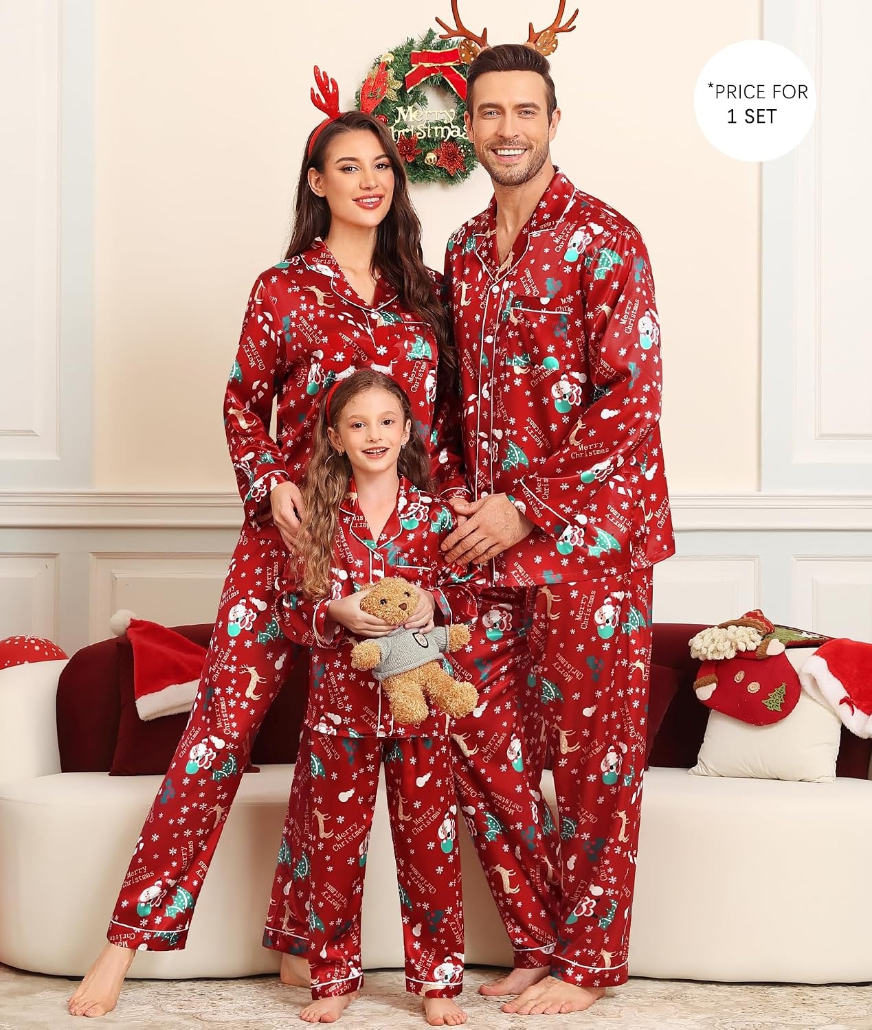 image:imageSWOMOG Family Matching Pajama Set Silky Satin Pajamas Long Sleeve Sleepwear Button Down Loungewear 2 Pcs Pj SetChristmas Pattern Red 140Age for 1011Y