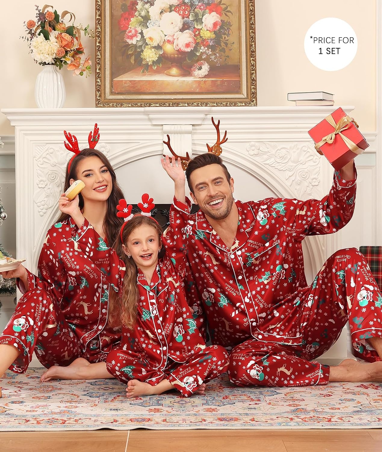image:imageSWOMOG Family Matching Pajama Set Silky Satin Pajamas Long Sleeve Sleepwear Button Down Loungewear 2 Pcs Pj SetChristmas Pattern Red 140Age for 1011Y