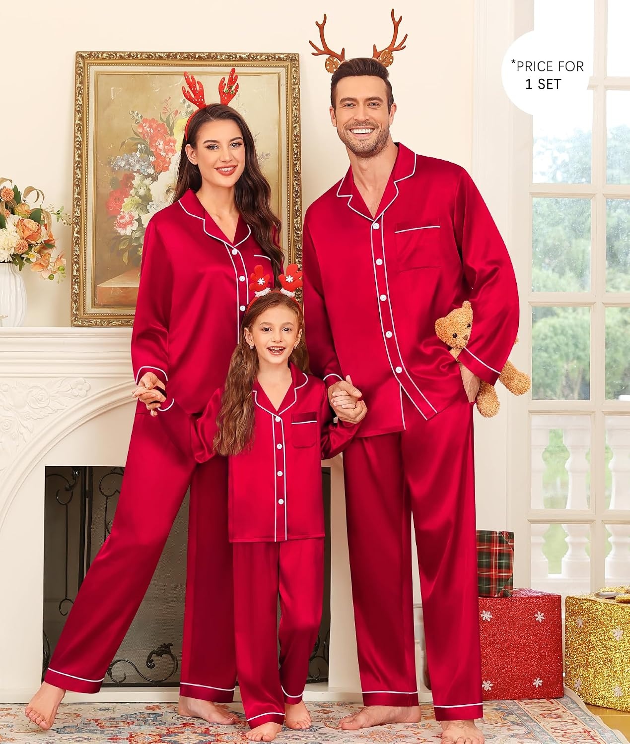 image:imageSWOMOG Family Matching Pajama Set Silky Satin Pajamas Long Sleeve Sleepwear Button Down Loungewear 2 Pcs Pj SetRed 140Age for 1011Y