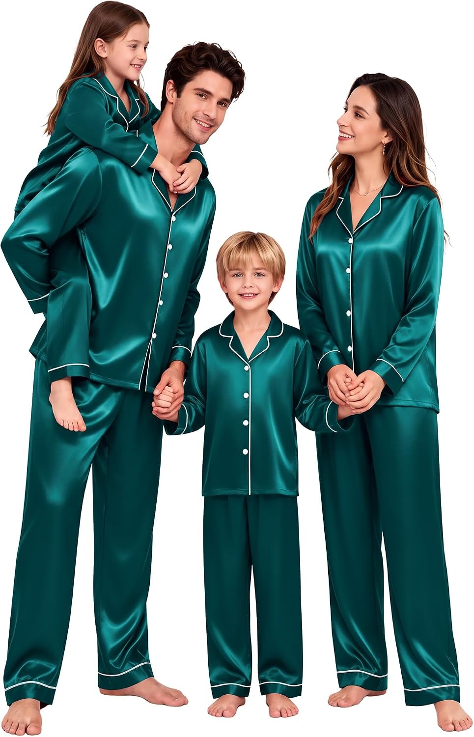 image:imageSWOMOG Family Matching Pajamas Sets Long Sleeve 2 Pcs Silk Satin PJs SetsDeep Green