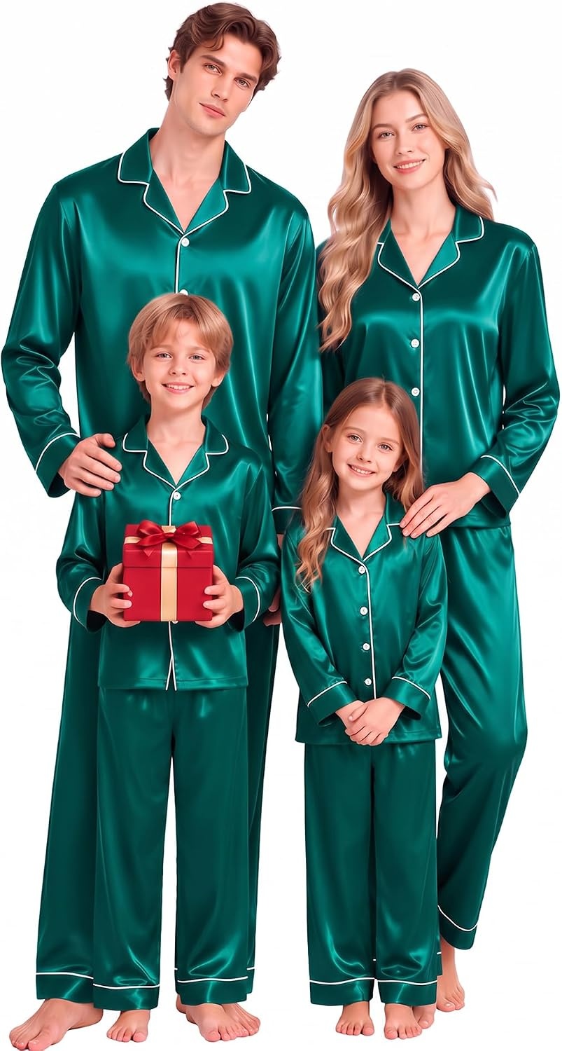 image:imageSWOMOG Family Matching Pajamas Sets Long Sleeve 2 Pcs Silk Satin PJs SetsDeep Green