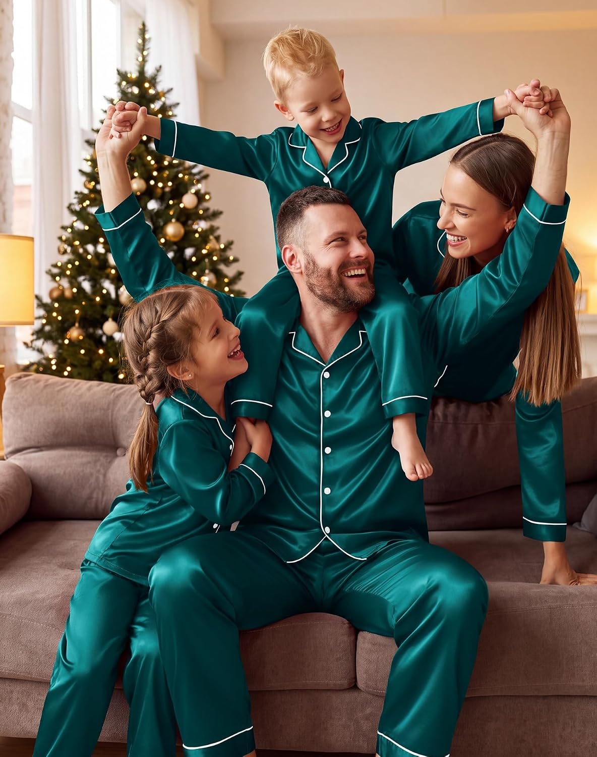 image:imageSWOMOG Family Matching Pajamas Sets Long Sleeve 2 Pcs Silk Satin PJs SetsDeep Green