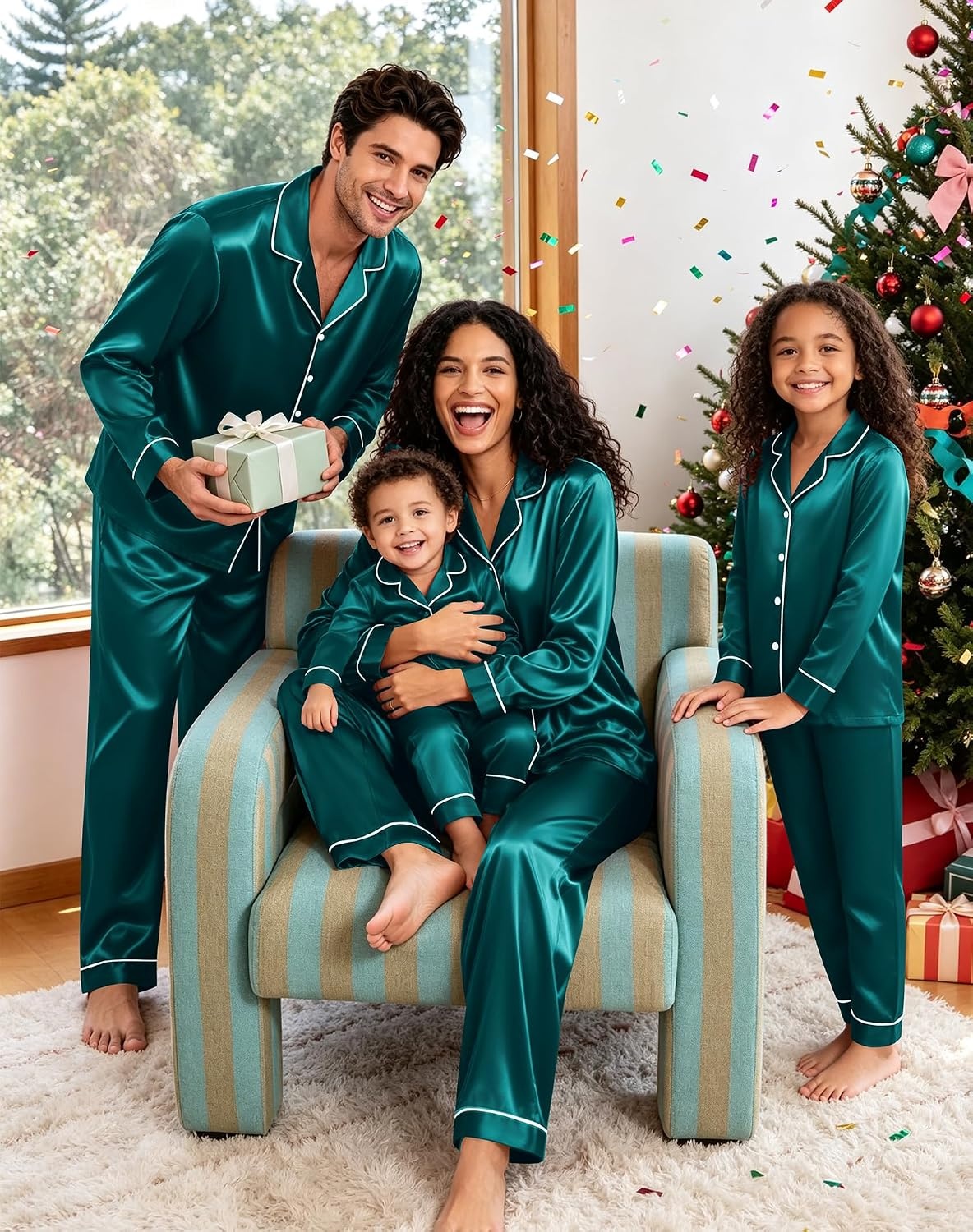 image:imageSWOMOG Family Matching Pajamas Sets Long Sleeve 2 Pcs Silk Satin PJs SetsDeep Green