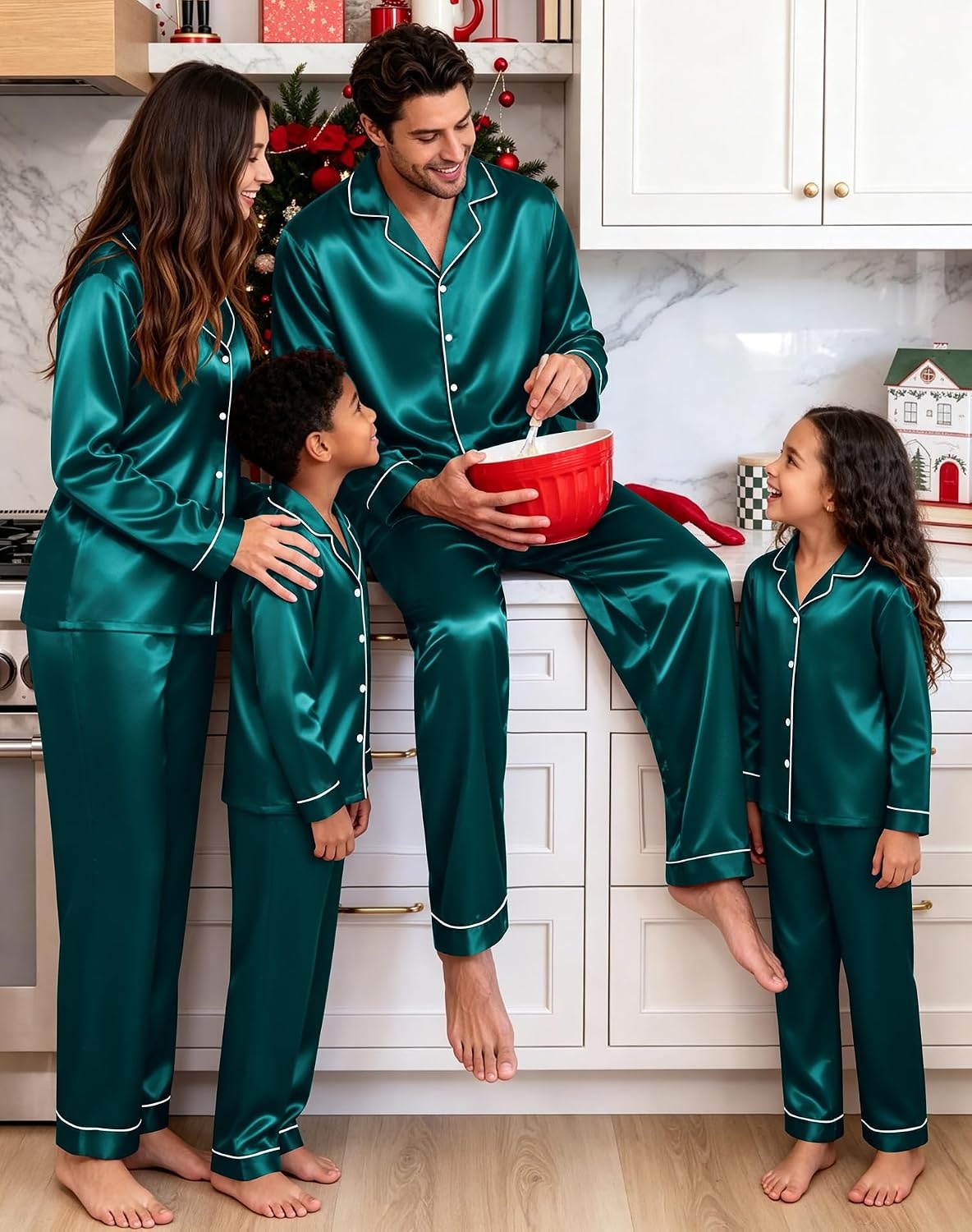 image:imageSWOMOG Family Matching Pajamas Sets Long Sleeve 2 Pcs Silk Satin PJs SetsDeep Green
