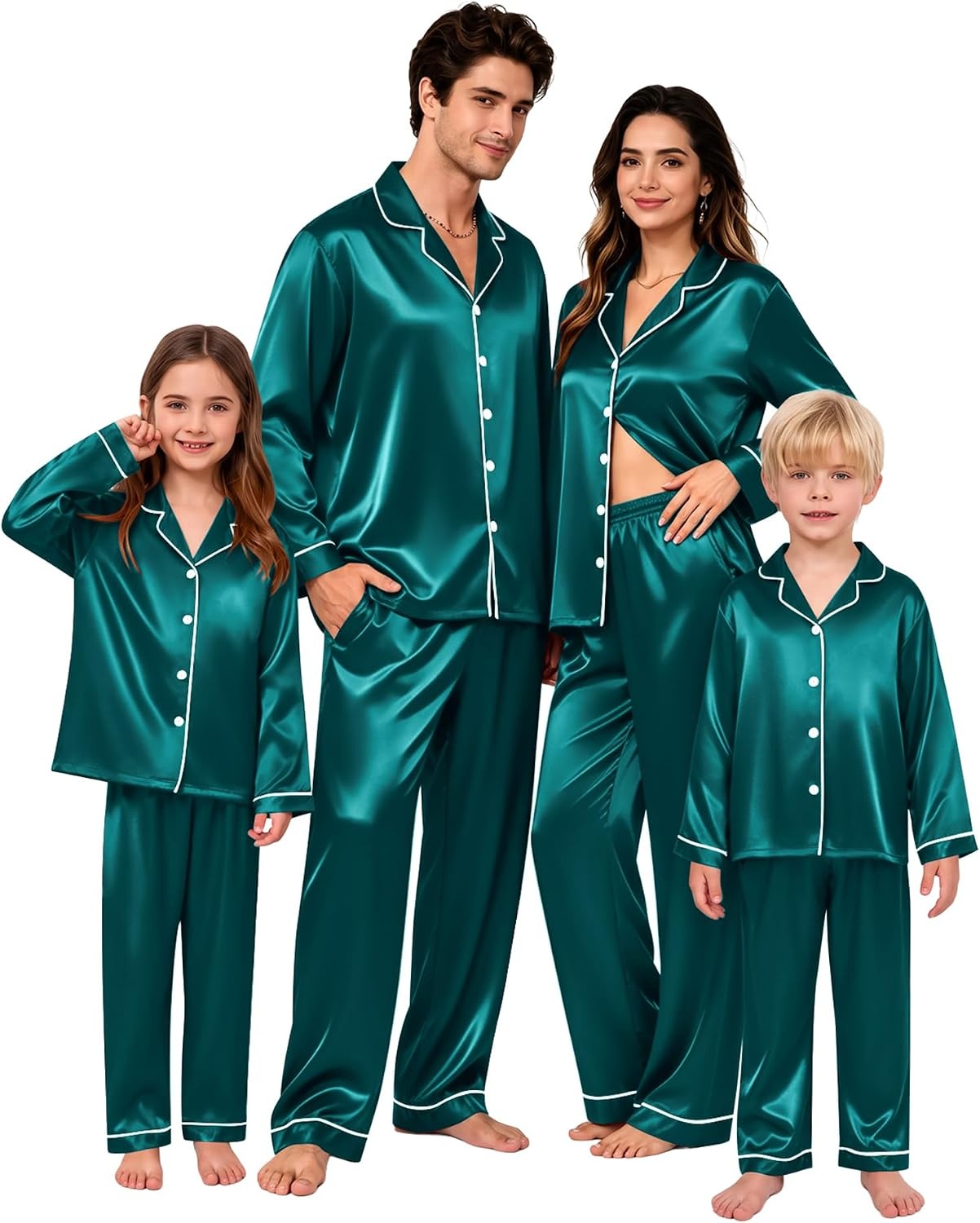 image:imageSWOMOG Family Matching Pajamas Sets Long Sleeve 2 Pcs Silk Satin PJs SetsDeep Green
