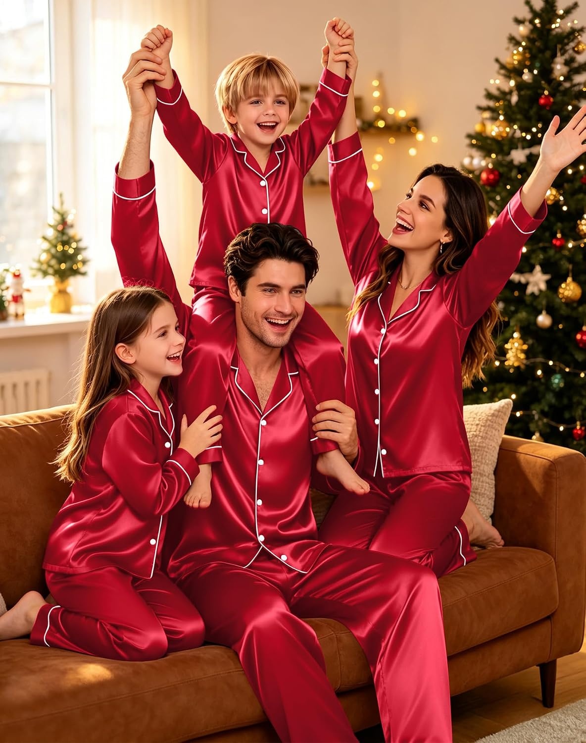 image:imageSWOMOG Family Matching Pajamas Sets Long Sleeve 2 Pcs Silk Satin PJs SetsRed