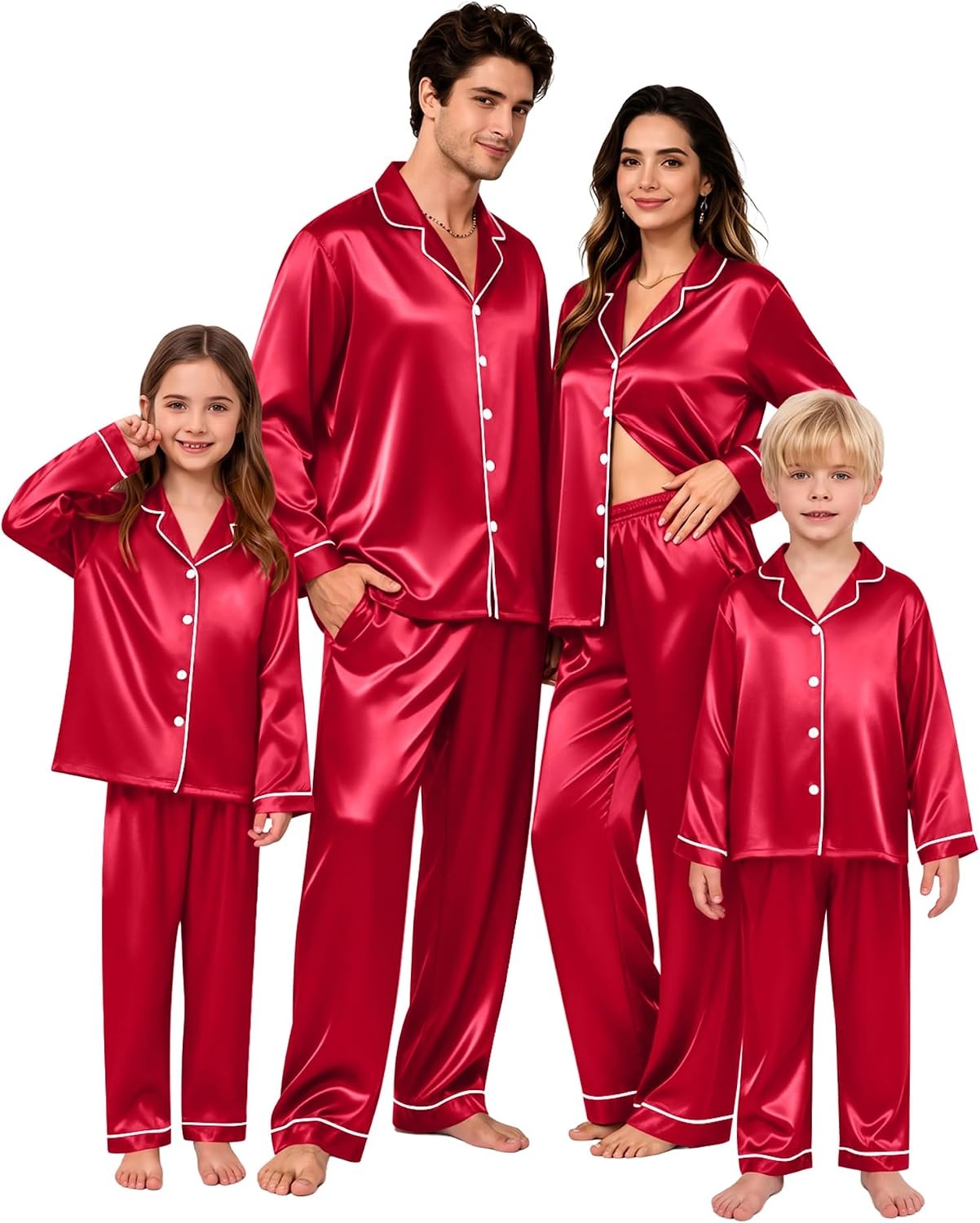 image:imageSWOMOG Family Matching Pajamas Sets Long Sleeve 2 Pcs Silk Satin PJs SetsRed