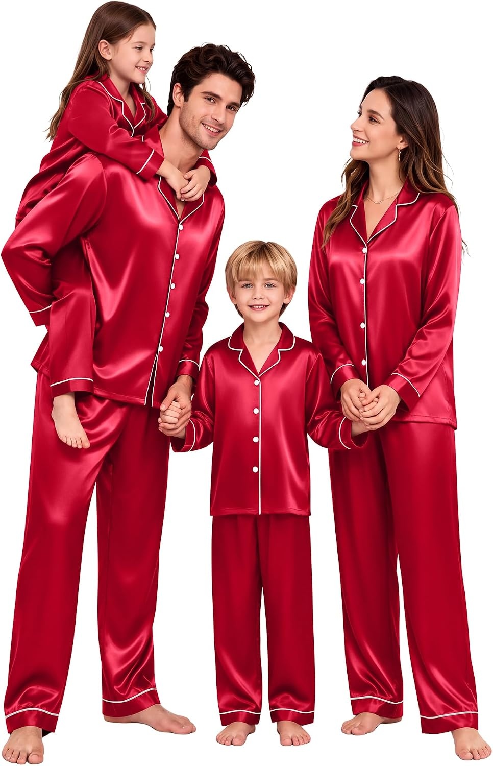 image:imageSWOMOG Family Matching Pajamas Sets Long Sleeve 2 Pcs Silk Satin PJs SetsRed
