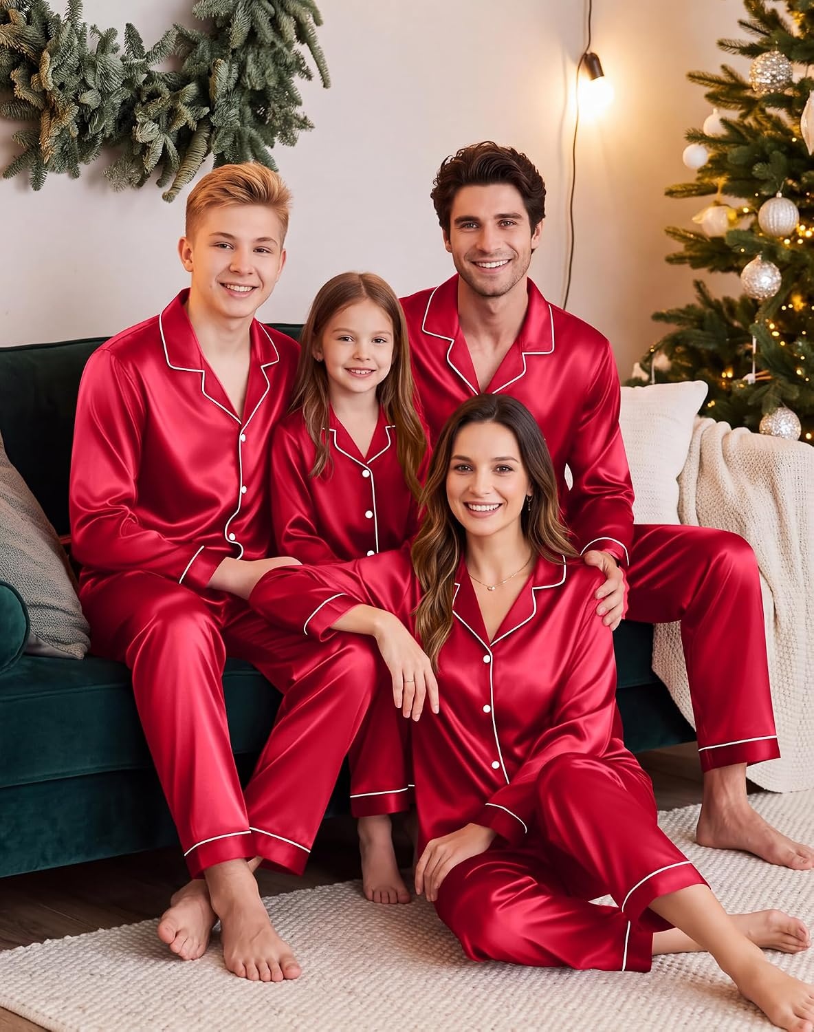 image:imageSWOMOG Family Matching Pajamas Sets Long Sleeve 2 Pcs Silk Satin PJs SetsRed
