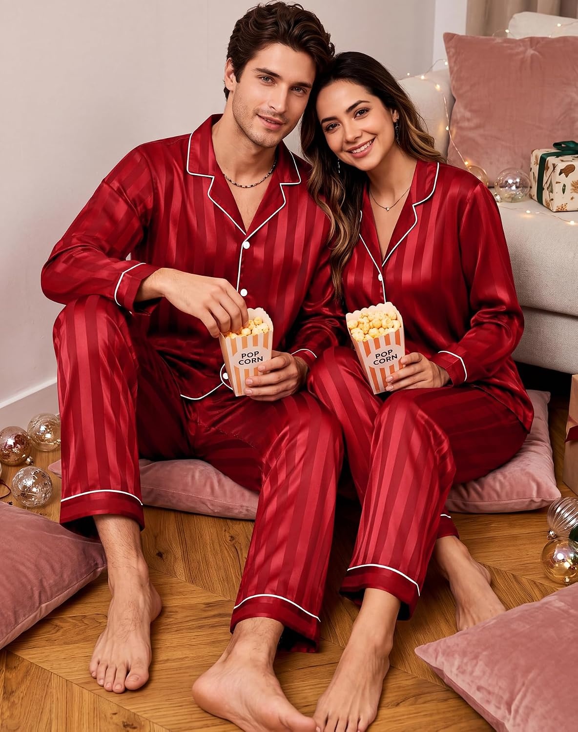 image:imageSWOMOG Family Matching Pajamas Sets Long Sleeve 2 Pcs Silk Satin PJs SetsRed Striped