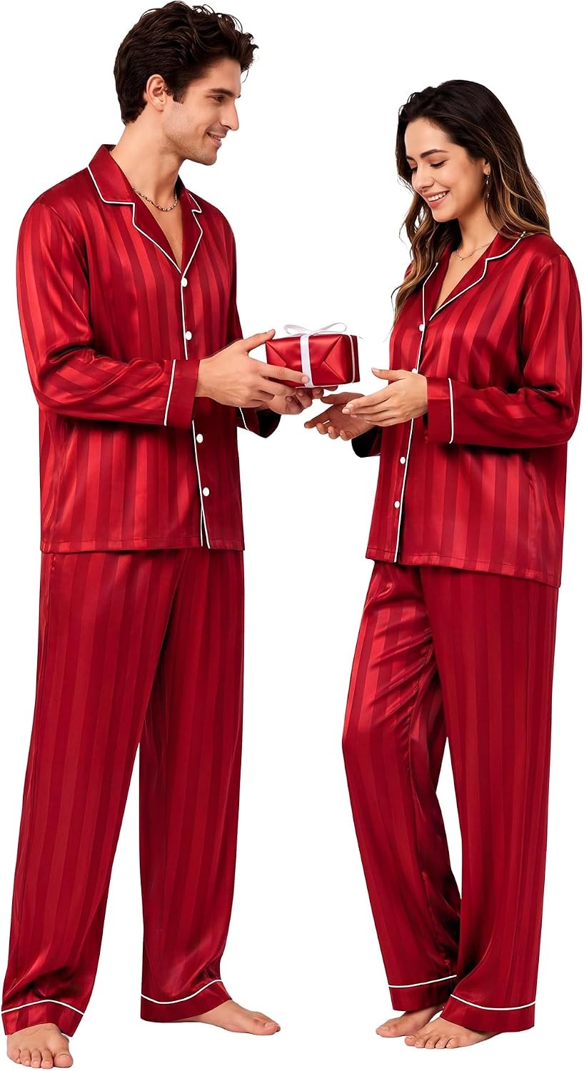 image:imageSWOMOG Family Matching Pajamas Sets Long Sleeve 2 Pcs Silk Satin PJs SetsRed Striped