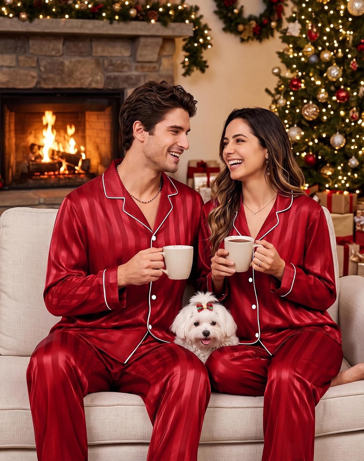 image:imageSWOMOG Family Matching Pajamas Sets Long Sleeve 2 Pcs Silk Satin PJs SetsRed Striped