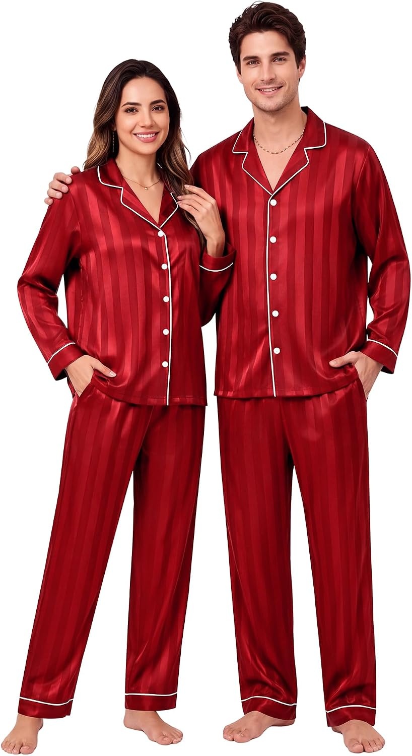 image:imageSWOMOG Family Matching Pajamas Sets Long Sleeve 2 Pcs Silk Satin PJs SetsRed Striped