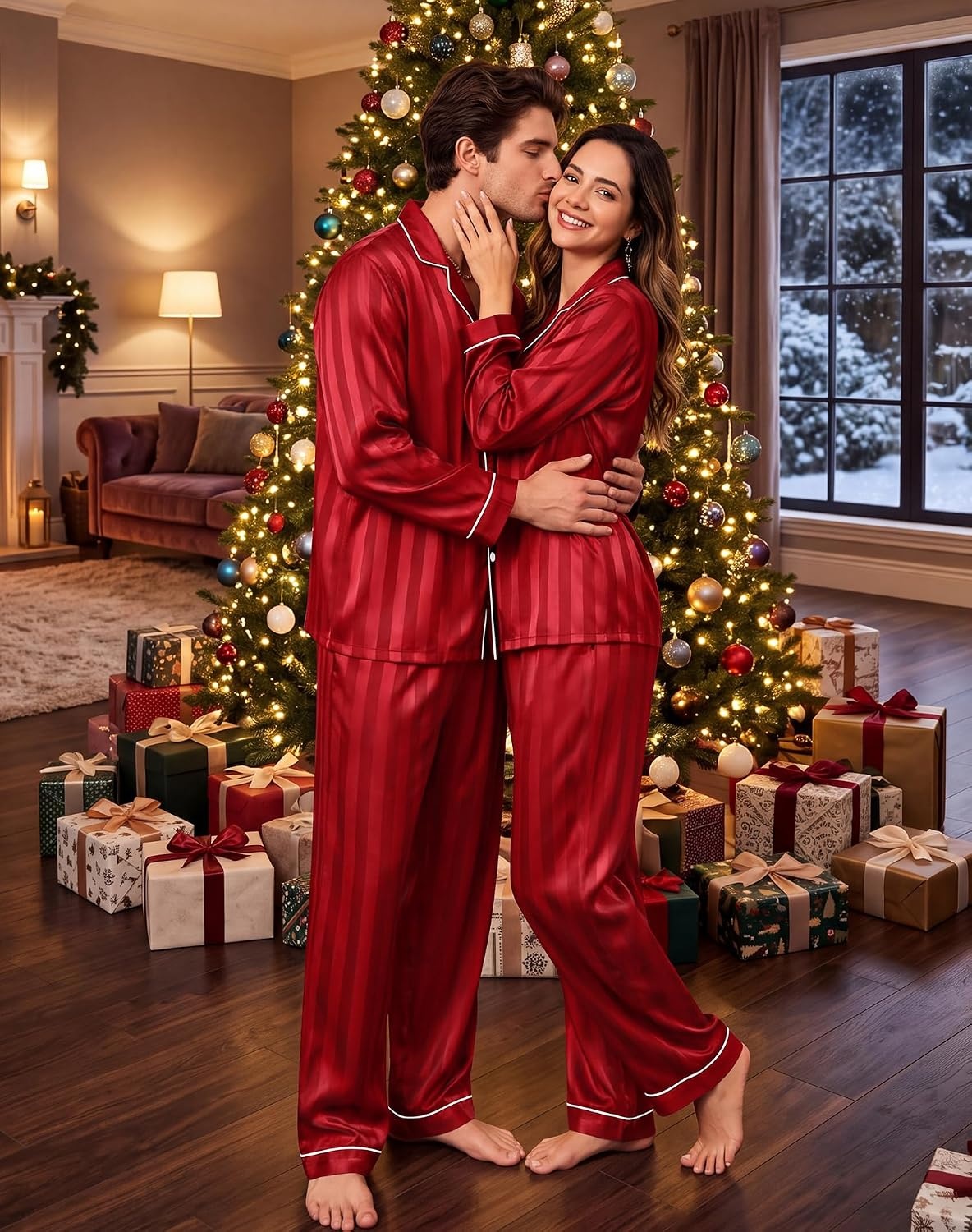 image:imageSWOMOG Family Matching Pajamas Sets Long Sleeve 2 Pcs Silk Satin PJs SetsRed Striped