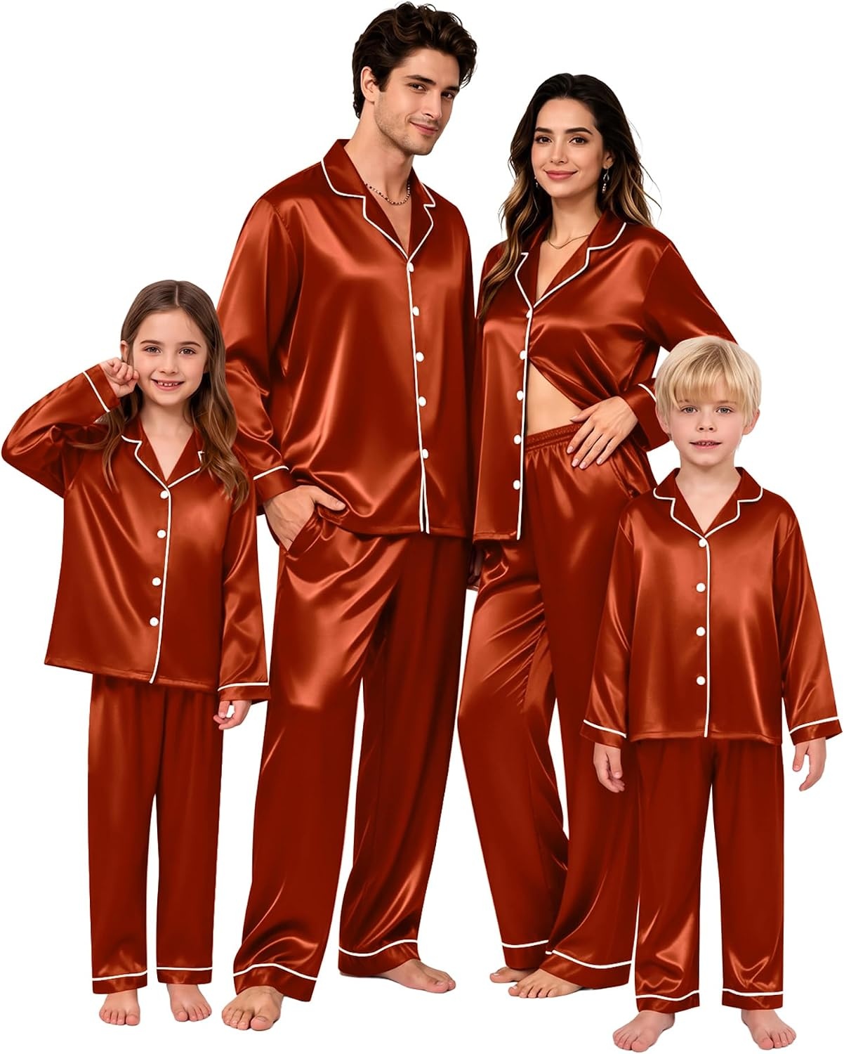 image:imageSWOMOG Family Matching Pajamas Sets Long Sleeve 2 Pcs Silk Satin PJs SetsRust Brown