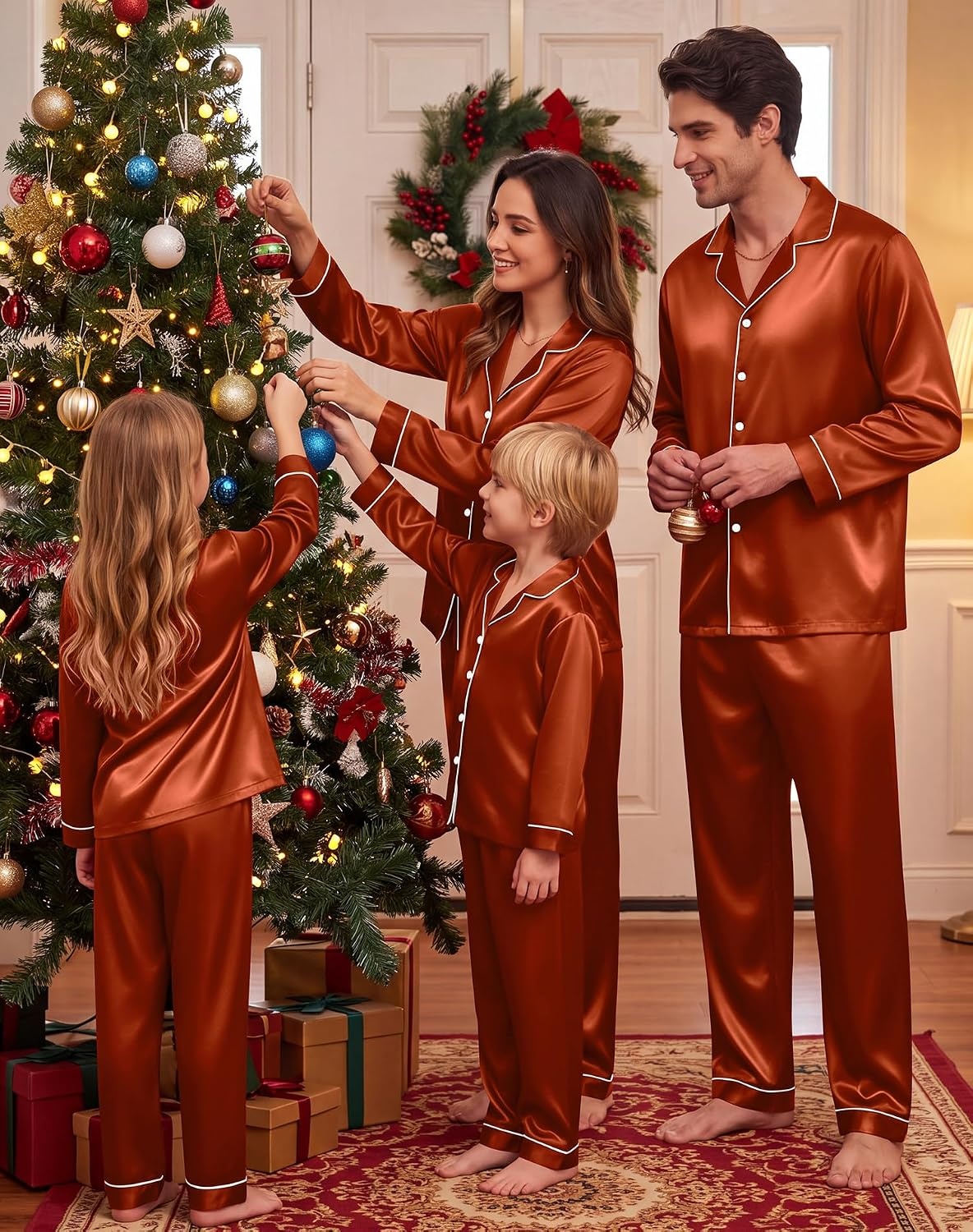 image:imageSWOMOG Family Matching Pajamas Sets Long Sleeve 2 Pcs Silk Satin PJs SetsRust Brown