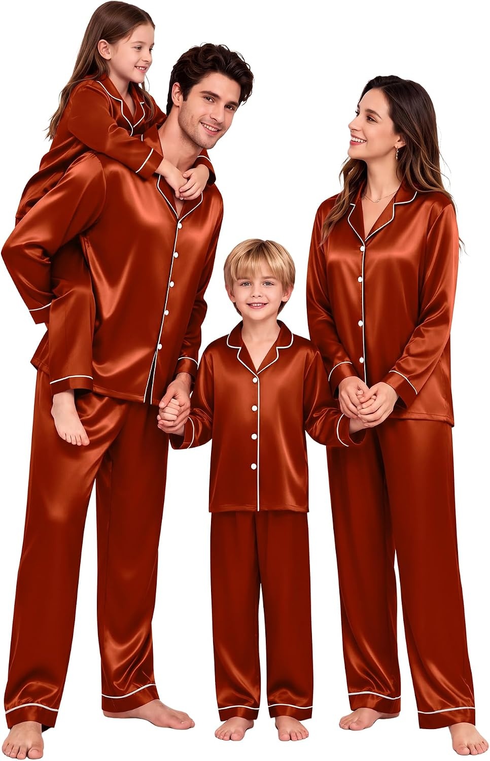 image:imageSWOMOG Family Matching Pajamas Sets Long Sleeve 2 Pcs Silk Satin PJs SetsRust Brown