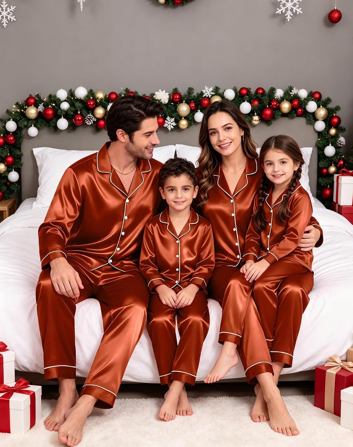 image:imageSWOMOG Family Matching Pajamas Sets Long Sleeve 2 Pcs Silk Satin PJs SetsRust Brown