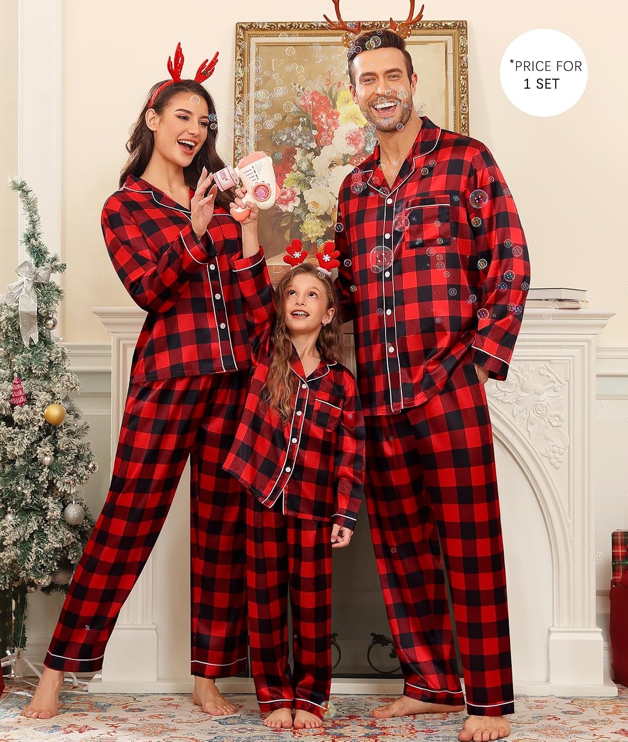 image:imageSWOMOG Family Satin Matching Pajama Set Long Sleeve Sleepwear 2 Pcs Pj SetBlack and Red Plaid