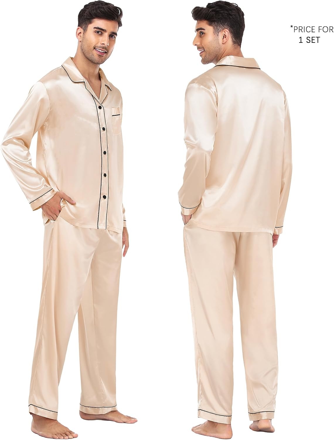 image:imageSWOMOG Family Satin Matching Pajama Set Long Sleeve Sleepwear 2 Pcs Pj SetChampagne