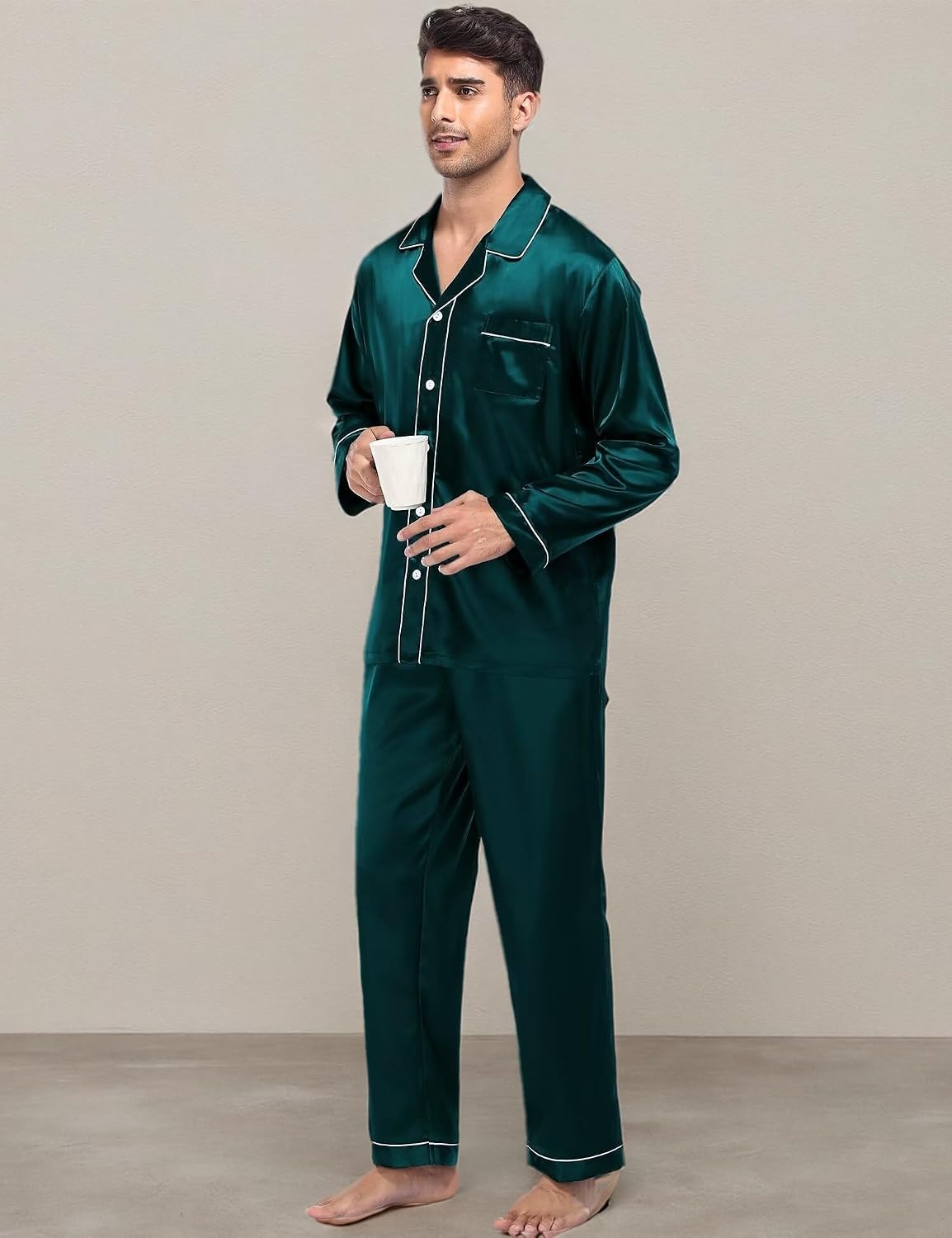image:imageSWOMOG Family Satin Matching Pajama Set Long Sleeve Sleepwear 2 Pcs Pj SetDeep Green